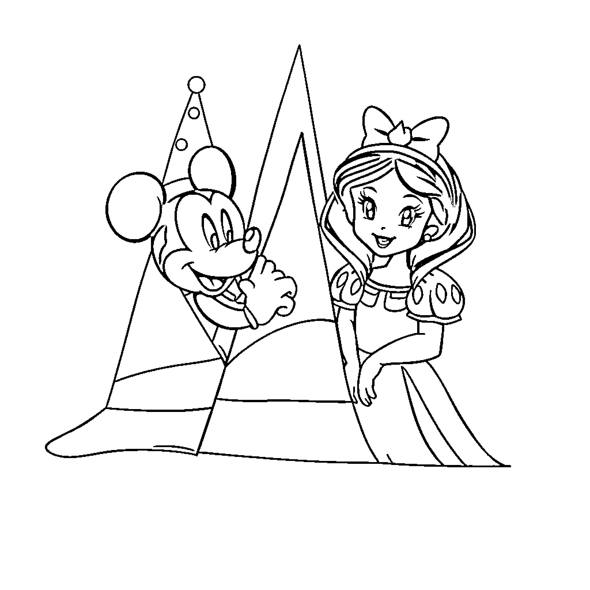 Disney Character Celebrating with Mickey Mouse Coloring Page (free black-and-white line drawing printable PDF for all, from beginners to advanced learners, including children, teens, adults, and seniors)