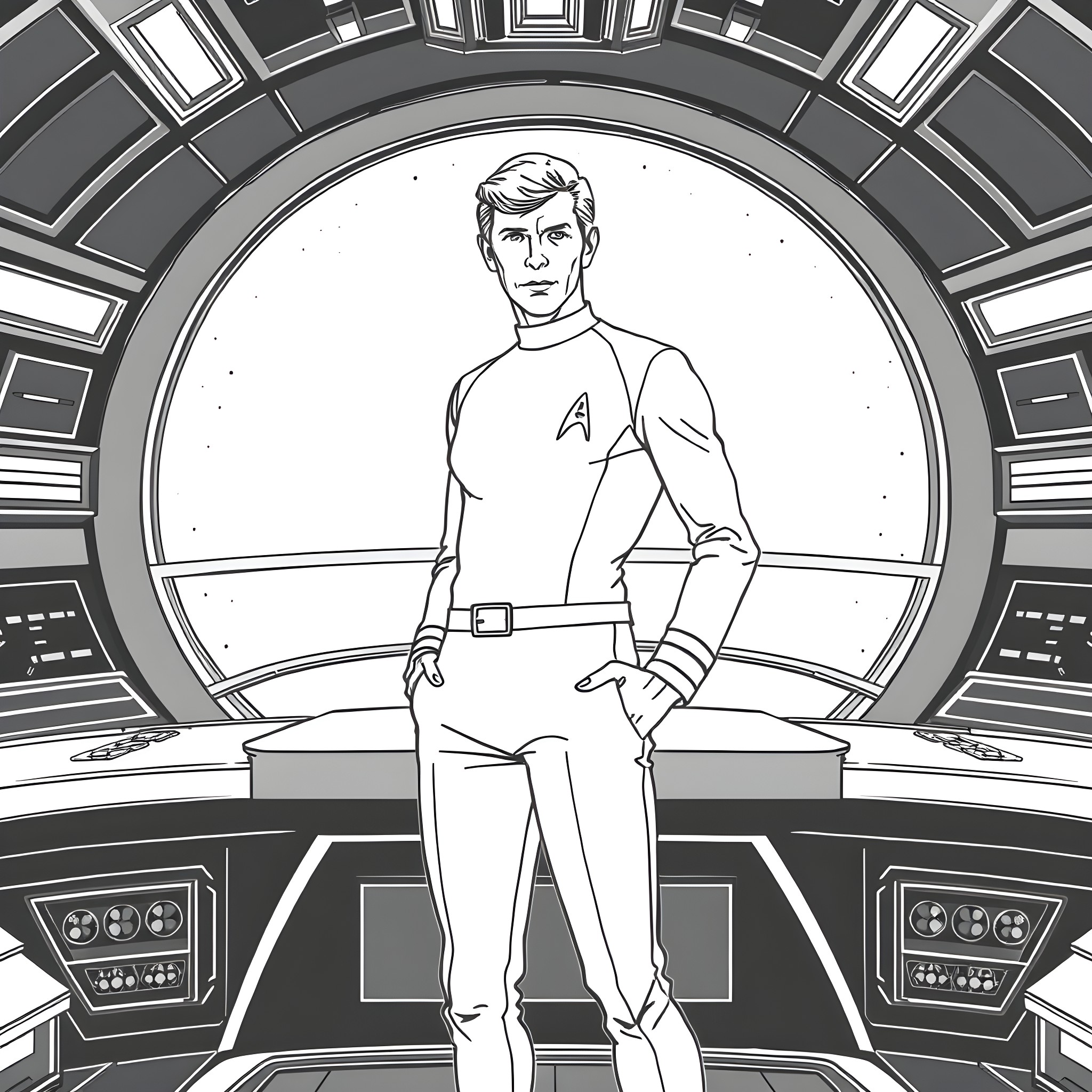 James T Kirk standing confidently on the bridge Coloring Page (free black-and-white line drawing printable PDF for all, from beginners to advanced learners, including children, teens, adults, and seniors)