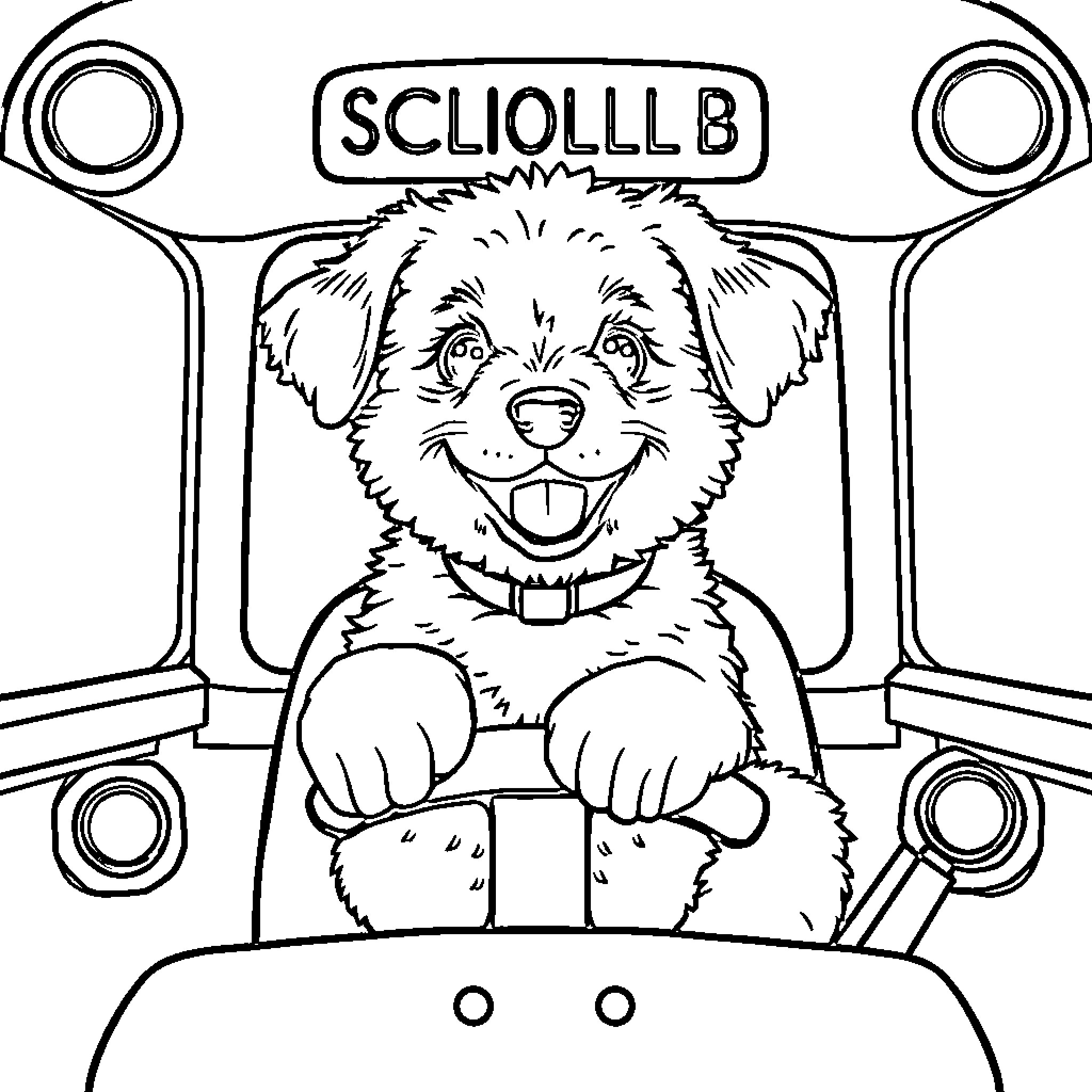 Puppy Happily Riding in Vehicle Coloring Page (free black-and-white line drawing printable PDF for all, from beginners to advanced learners, including children, teens, adults, and seniors)