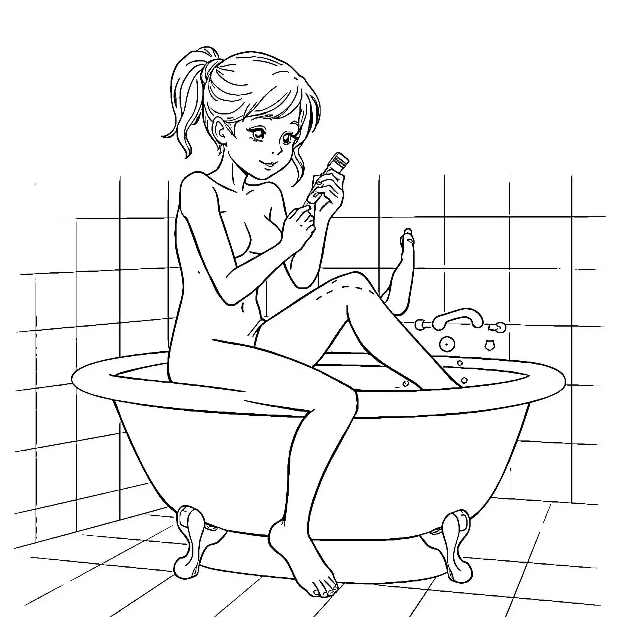 Girl relaxing in a bathtub with a smartphone Coloring Page (free black-and-white line drawing printable PDF for all, from beginners to advanced learners, including children, teens, adults, and seniors)