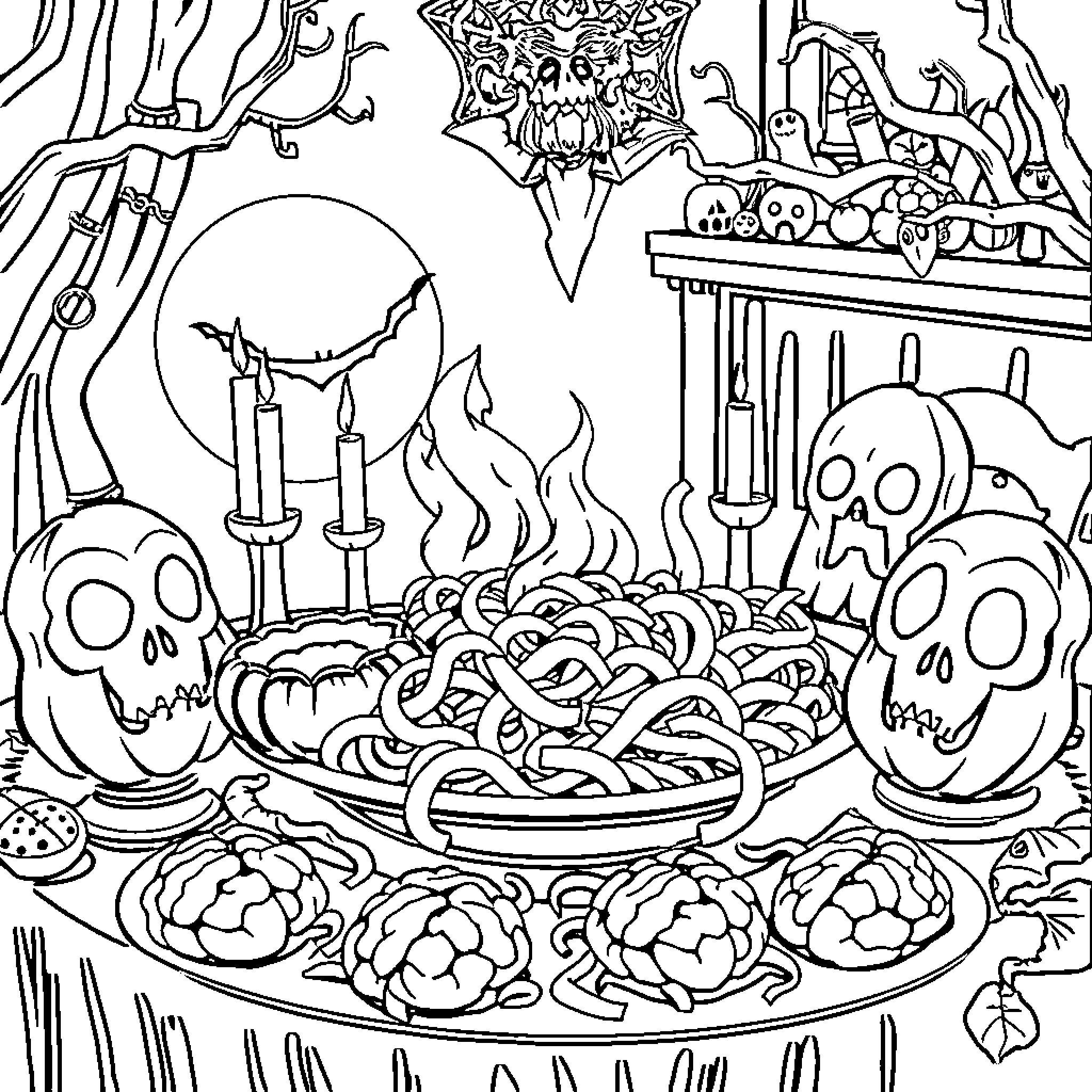 Brain feast of spooky delights on Halloween night Coloring Page (free black-and-white line drawing printable PDF for all, from beginners to advanced learners, including children, teens, adults, and seniors)