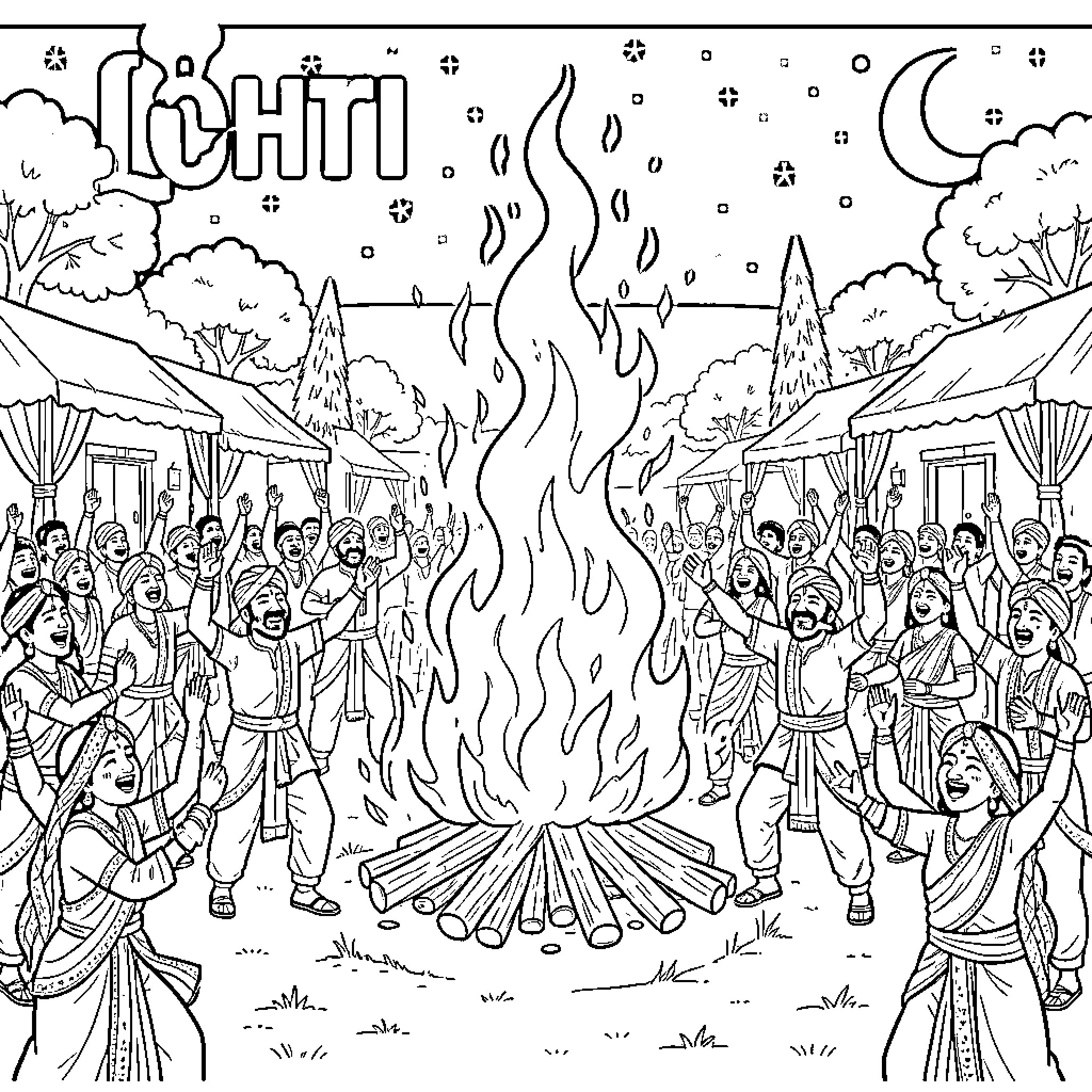 Lohri celebration with traditional dance and bonfire Coloring Page (free black-and-white line drawing printable PDF for all, from beginners to advanced learners, including children, teens, adults, and seniors)
