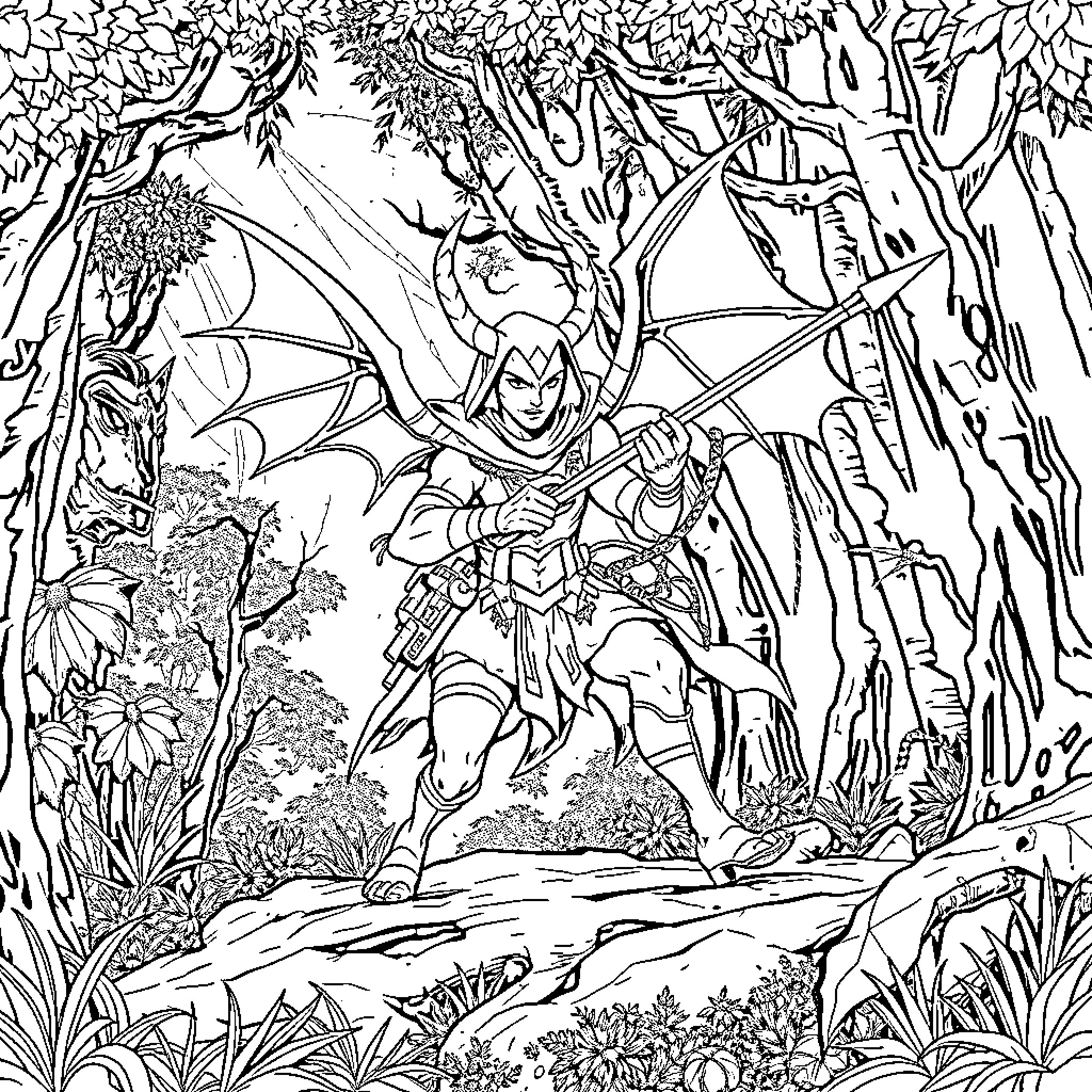 Huntrix battles through the enchanted forest Coloring Page (free black-and-white line drawing printable PDF for all, from beginners to advanced learners, including children, teens, adults, and seniors)