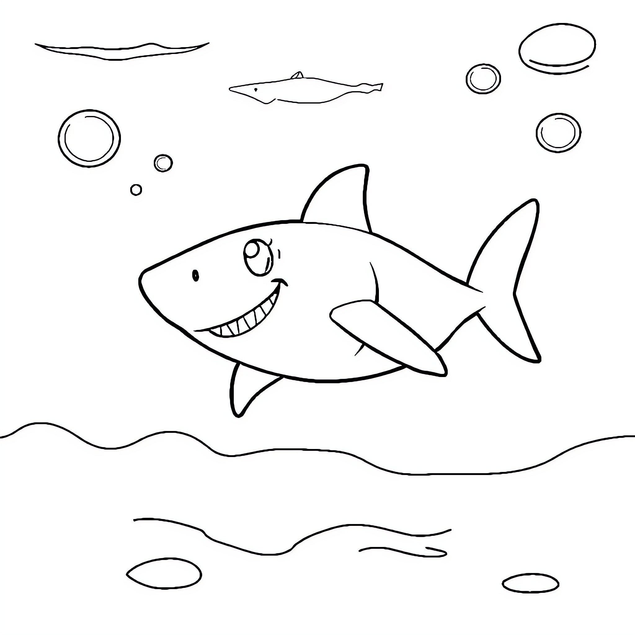 Shark swimming playfully in the ocean Coloring Page (free black-and-white line drawing printable PDF for all, from beginners to advanced learners, including children, teens, adults, and seniors)