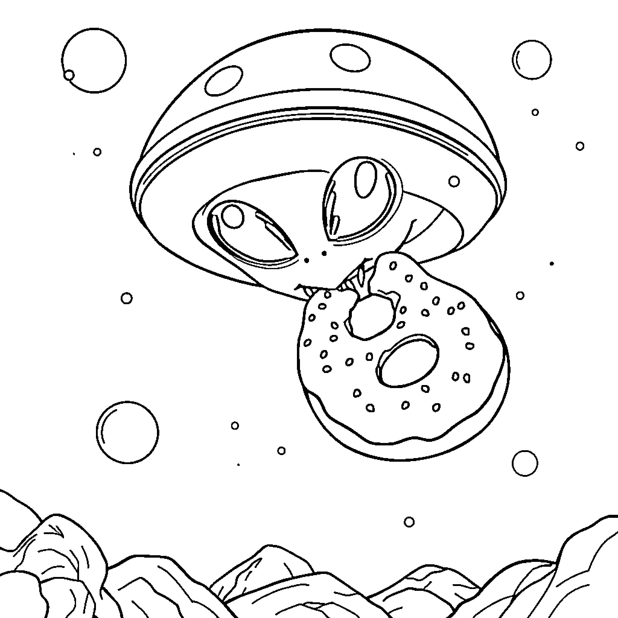 UFO Abducting Donut from Mountains Coloring Page (free black-and-white line drawing printable PDF for all, from beginners to advanced learners, including children, teens, adults, and seniors)