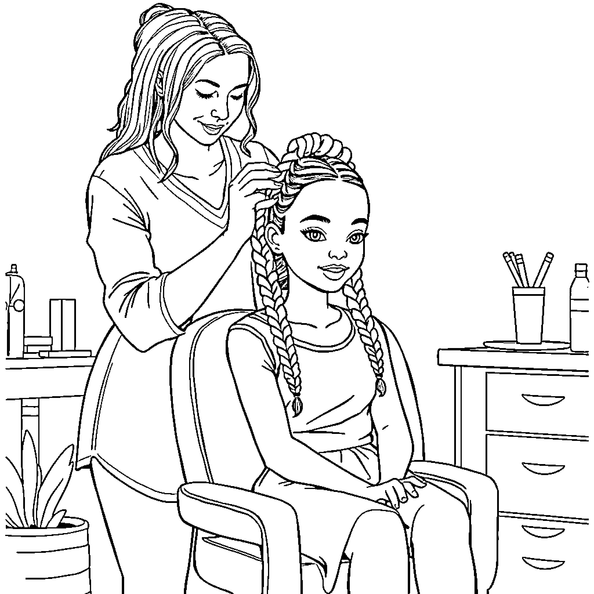 Girl braiding hair in salon Coloring Page (free black-and-white line drawing printable PDF for all, from beginners to advanced learners, including children, teens, adults, and seniors)