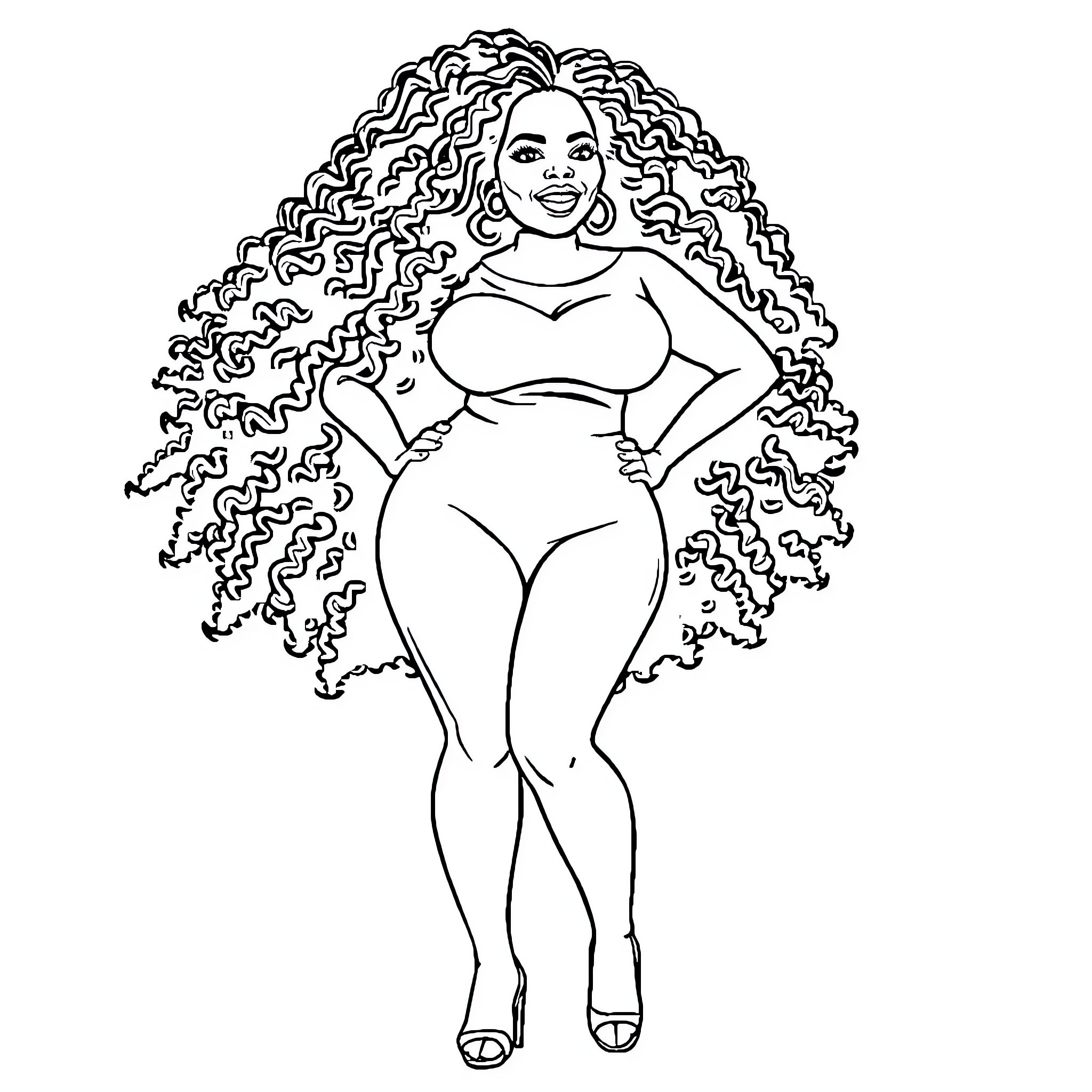 Oprah Winfrey posing confidently with curly hair Coloring Page (free black-and-white line drawing printable PDF for all, from beginners to advanced learners, including children, teens, adults, and seniors)