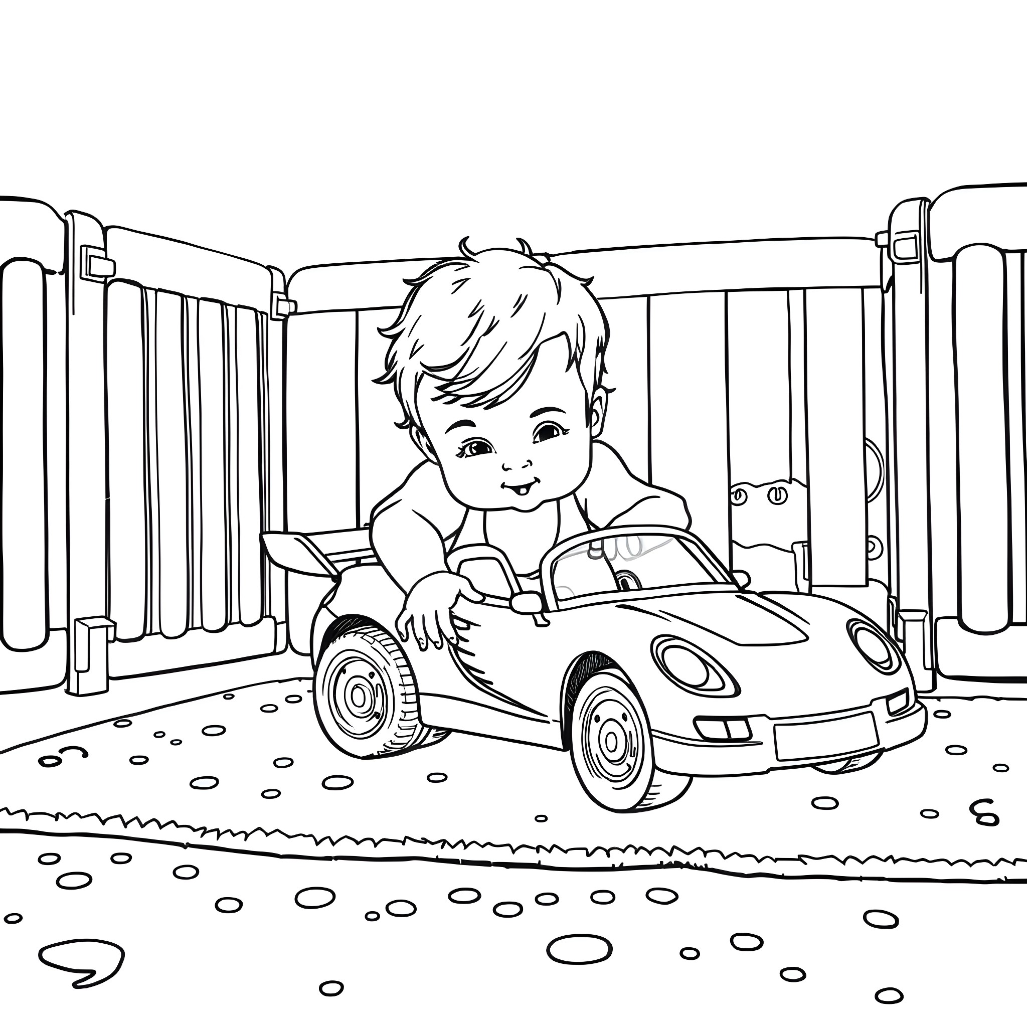 Child playing happily in toy car Coloring Page (free black-and-white line drawing printable PDF for all, from beginners to advanced learners, including children, teens, adults, and seniors)