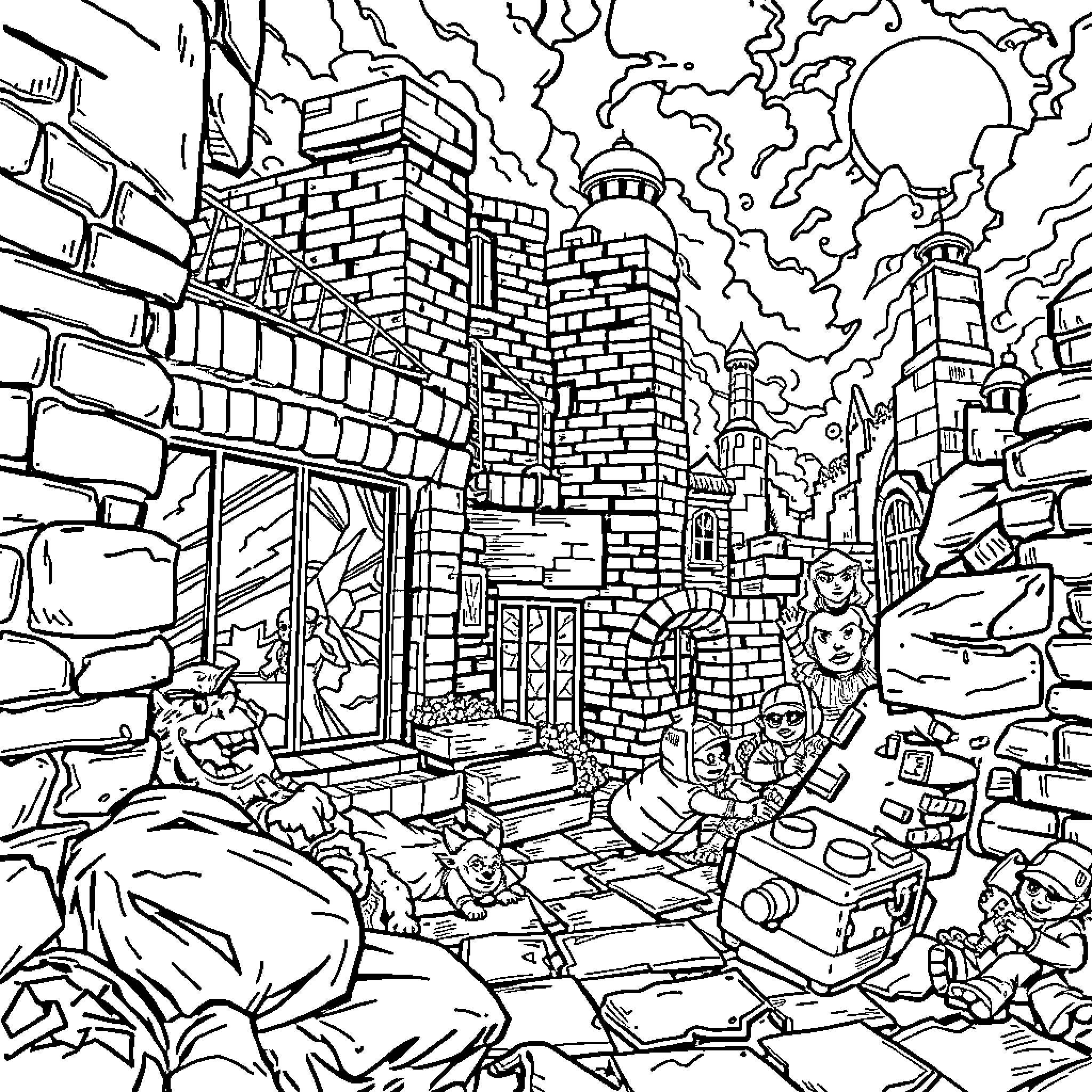 Comic Book Depiction of a Post-Apocalyptic Landscape Coloring Page (free black-and-white line drawing printable PDF for all, from beginners to advanced learners, including children, teens, adults, and seniors)