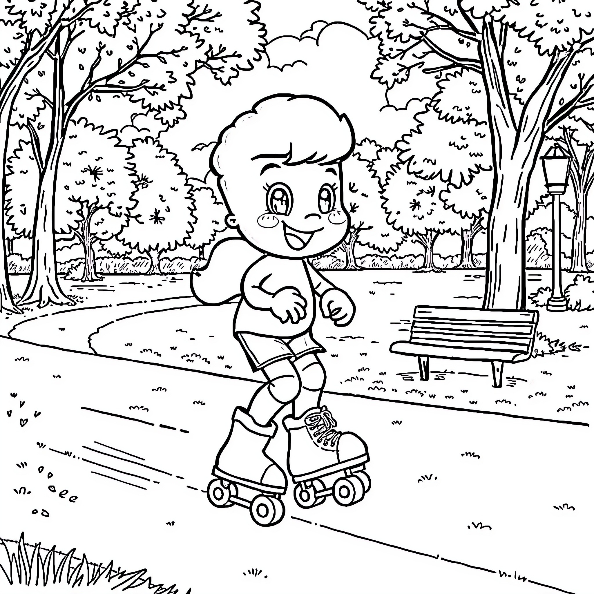 Bluey having fun on roller skates in the park Coloring Page (free black-and-white line drawing printable PDF for all, from beginners to advanced learners, including children, teens, adults, and seniors)