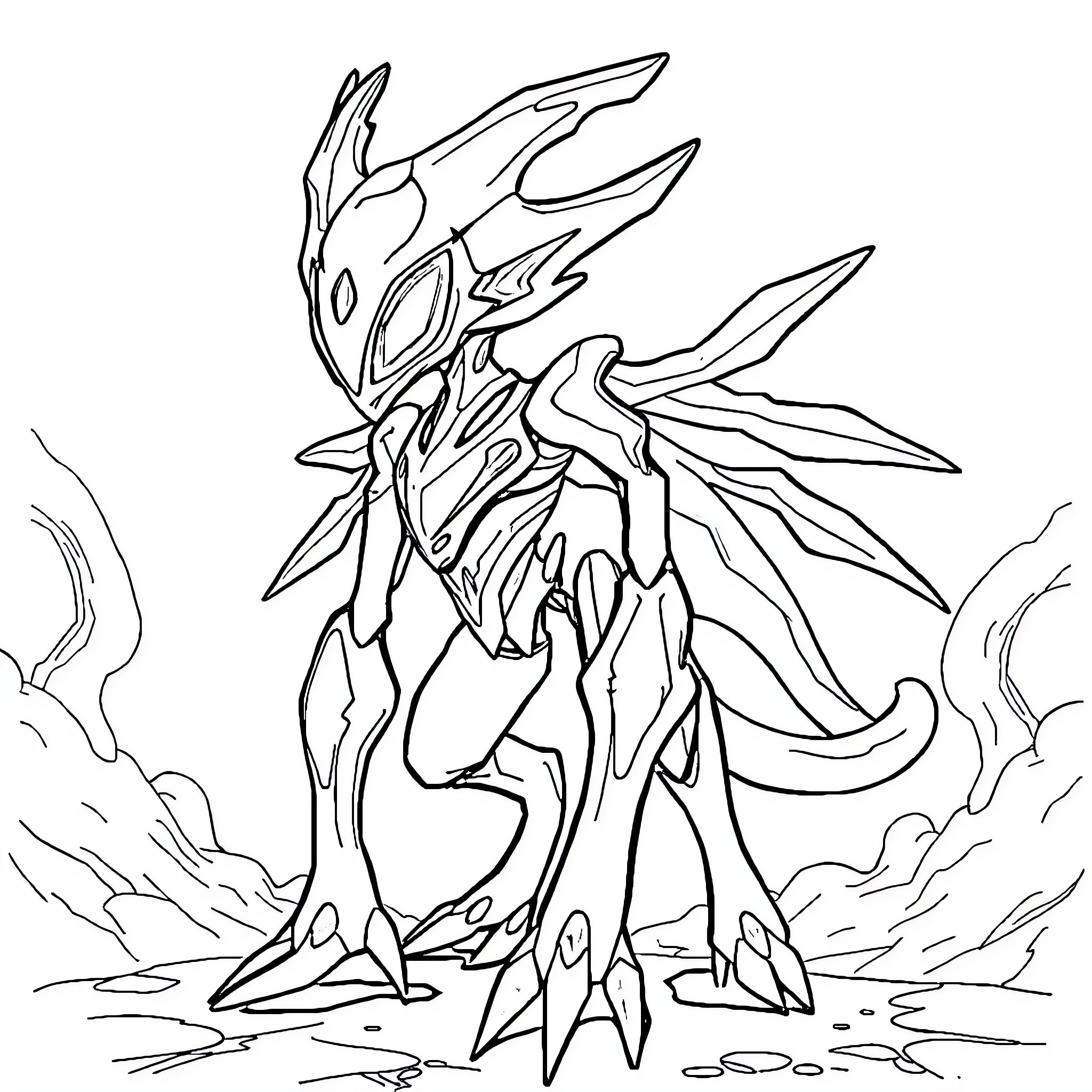 Deoxys Emerging from Cosmic Energy Coloring Page (free black-and-white line drawing printable PDF for all, from beginners to advanced learners, including children, teens, adults, and seniors)