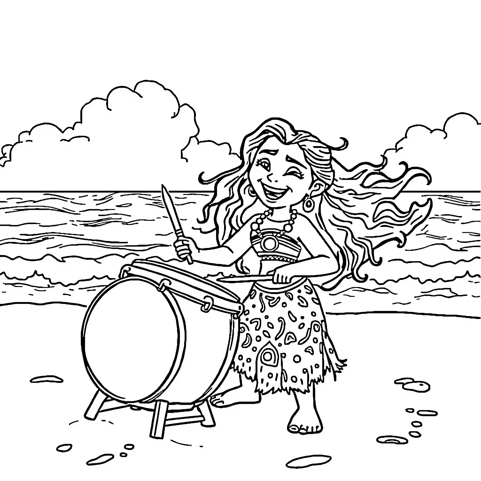 Moana exploring the ocean with her drum Coloring Page (free black-and-white line drawing printable PDF for all, from beginners to advanced learners, including children, teens, adults, and seniors)