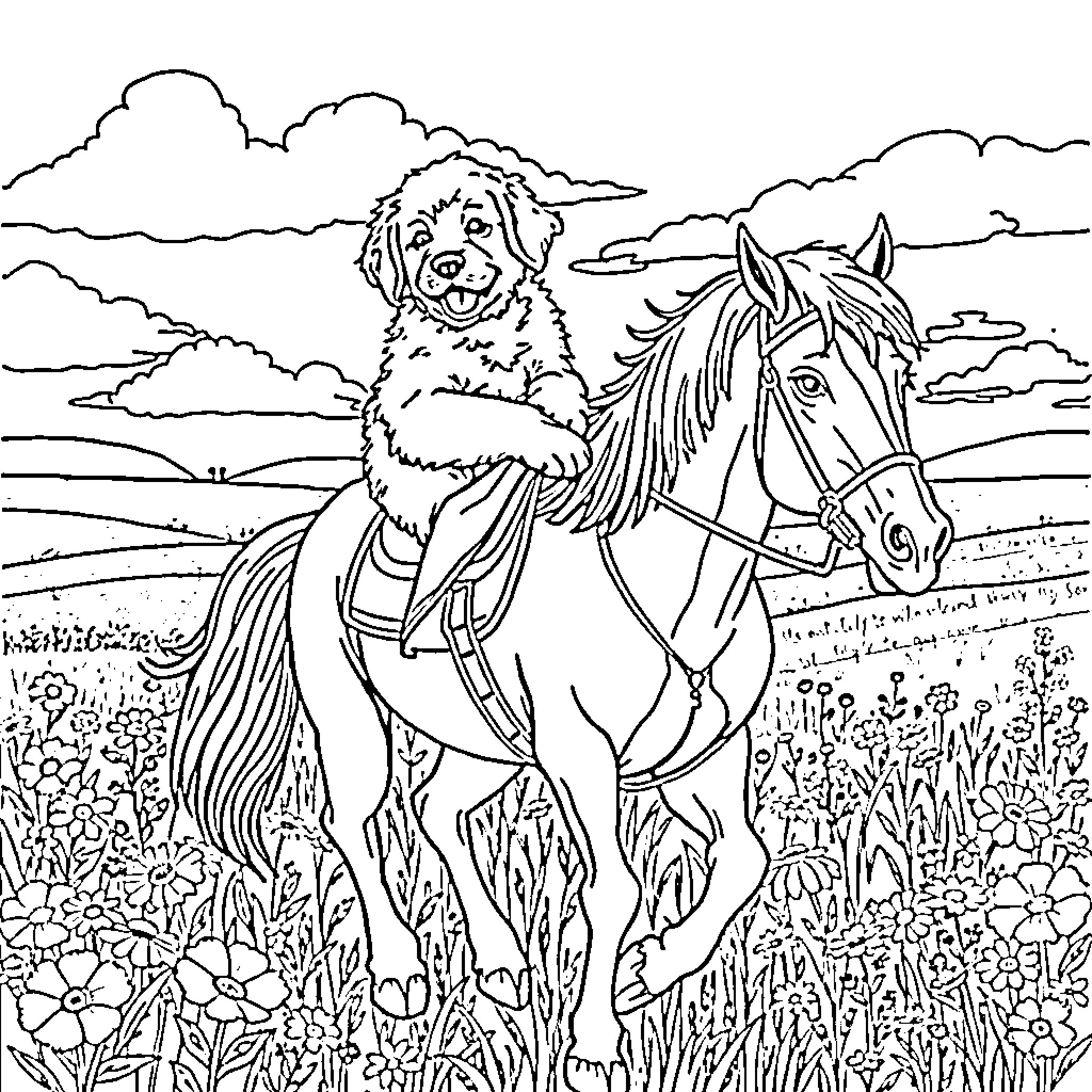 Puppy riding a horse in a grassy meadow Coloring Page (free black-and-white line drawing printable PDF for all, from beginners to advanced learners, including children, teens, adults, and seniors)