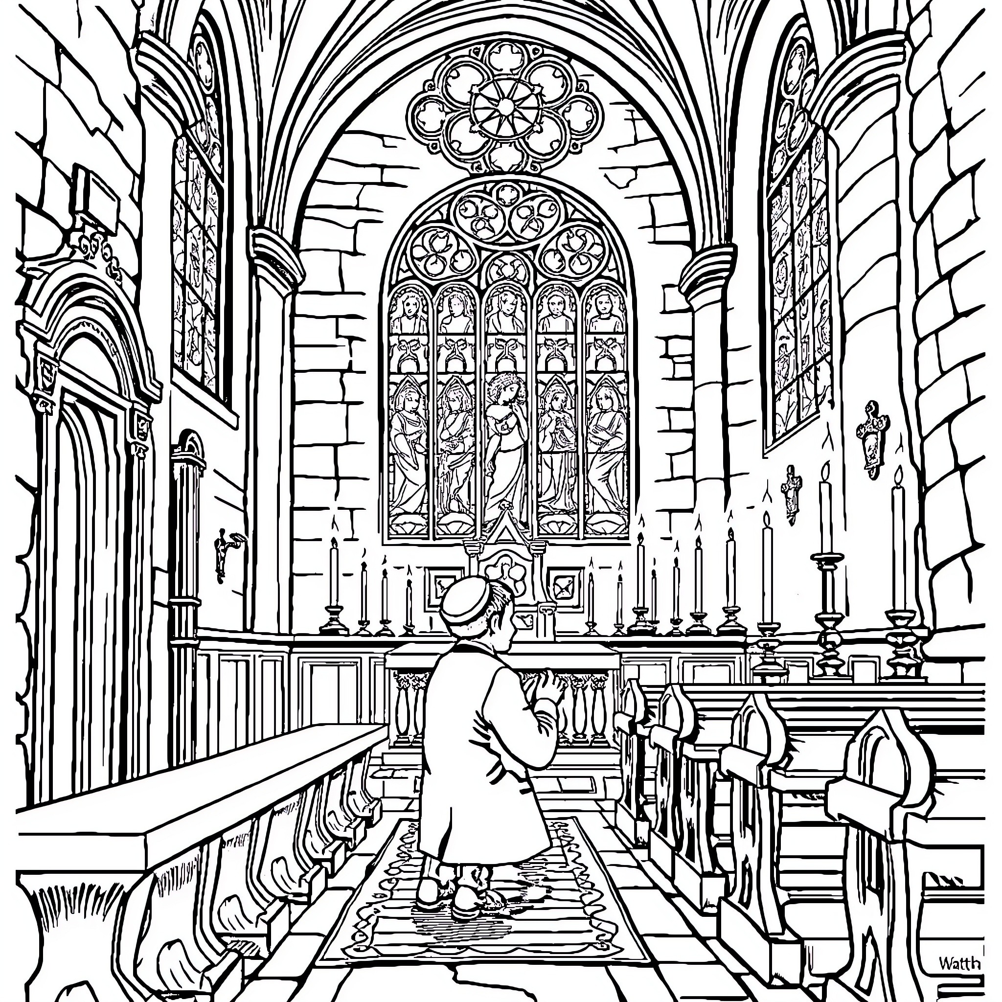 Jewish Man Praying Solemnly in a Majestic Cathedral Coloring Page (free black-and-white line drawing printable PDF for all, from beginners to advanced learners, including children, teens, adults, and seniors)