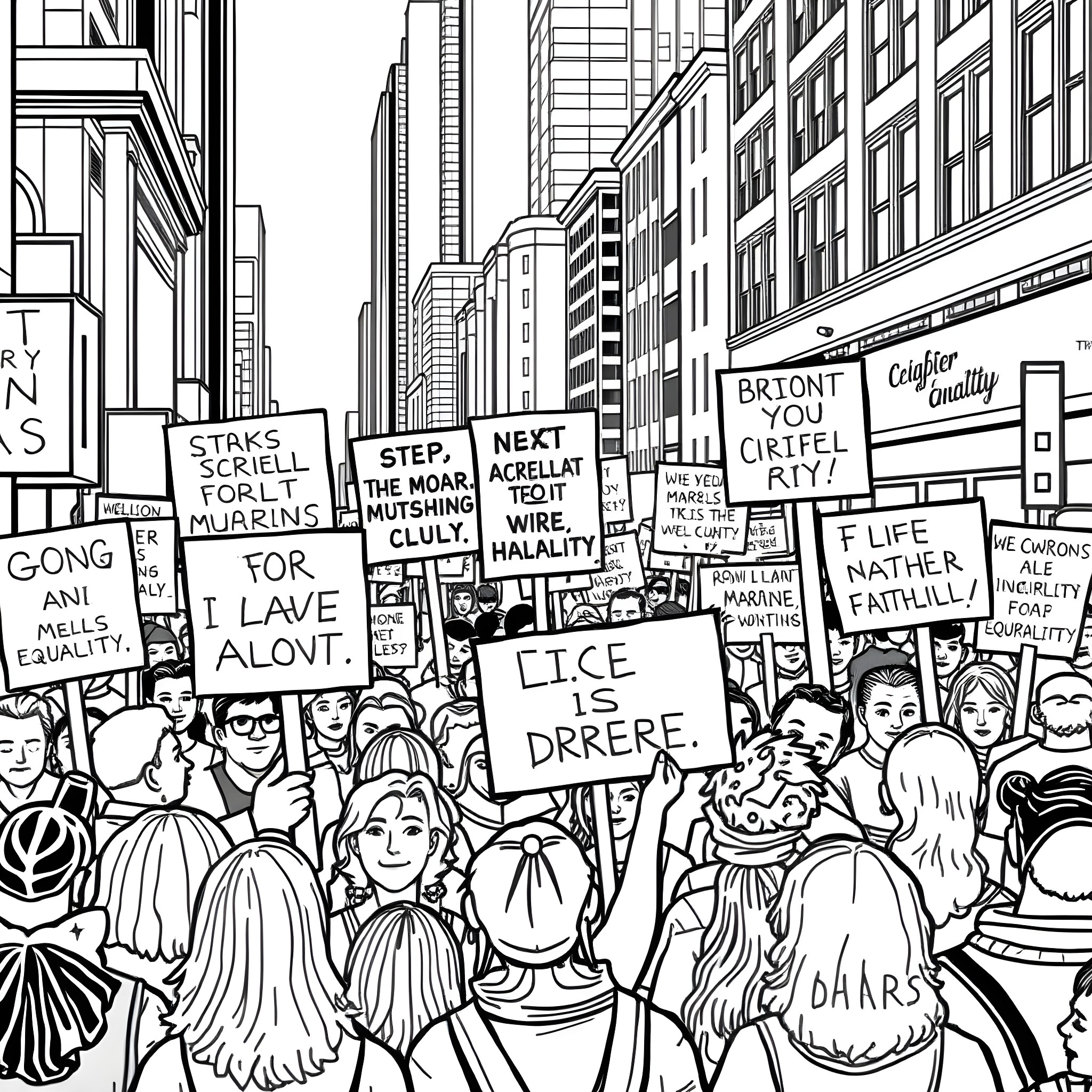 Activism through the streets of the city Coloring Page (free black-and-white line drawing printable PDF for all, from beginners to advanced learners, including children, teens, adults, and seniors)