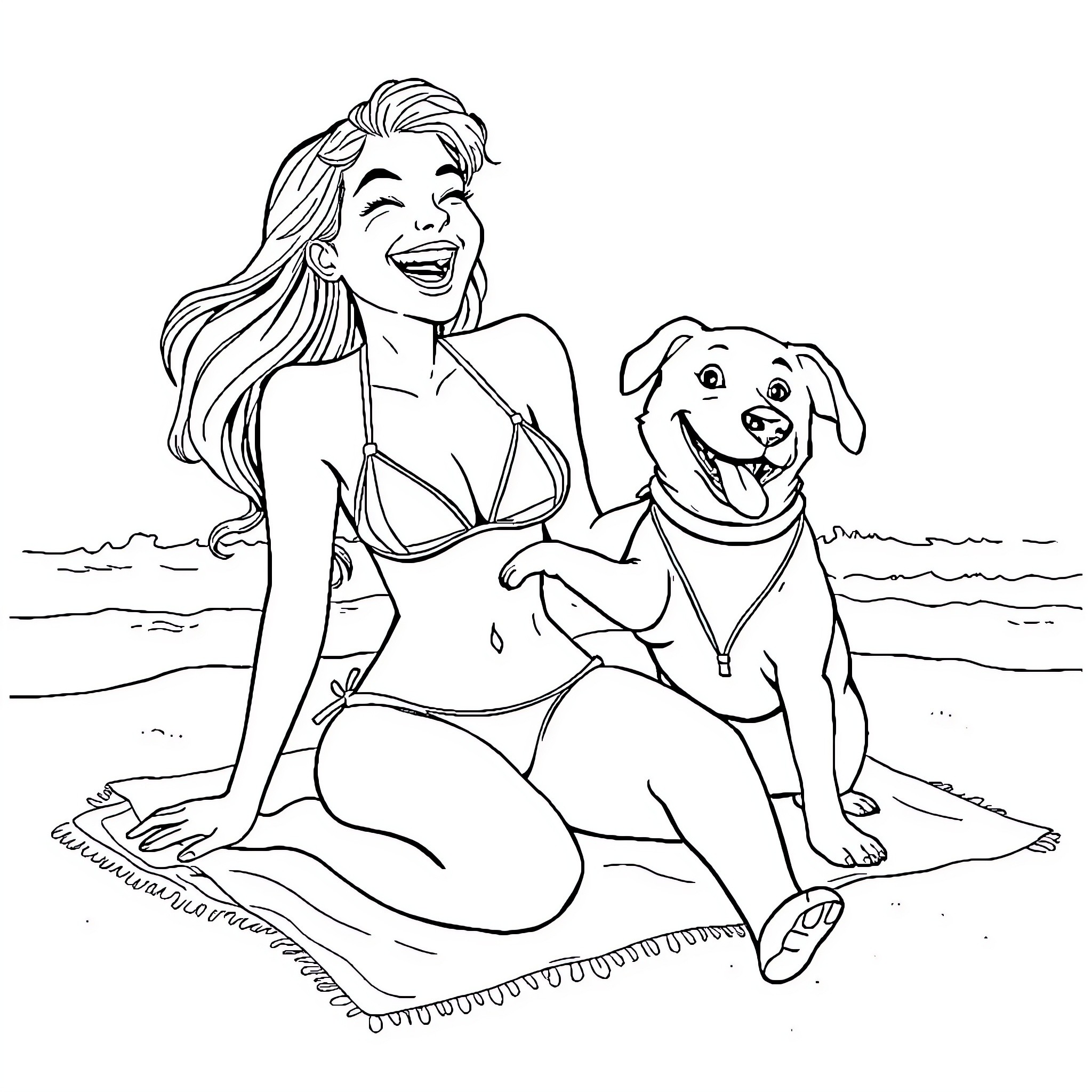 Arielle's Beachside Adventure with Canine Companion Coloring Page (free black-and-white line drawing printable PDF for all, from beginners to advanced learners, including children, teens, adults, and seniors)