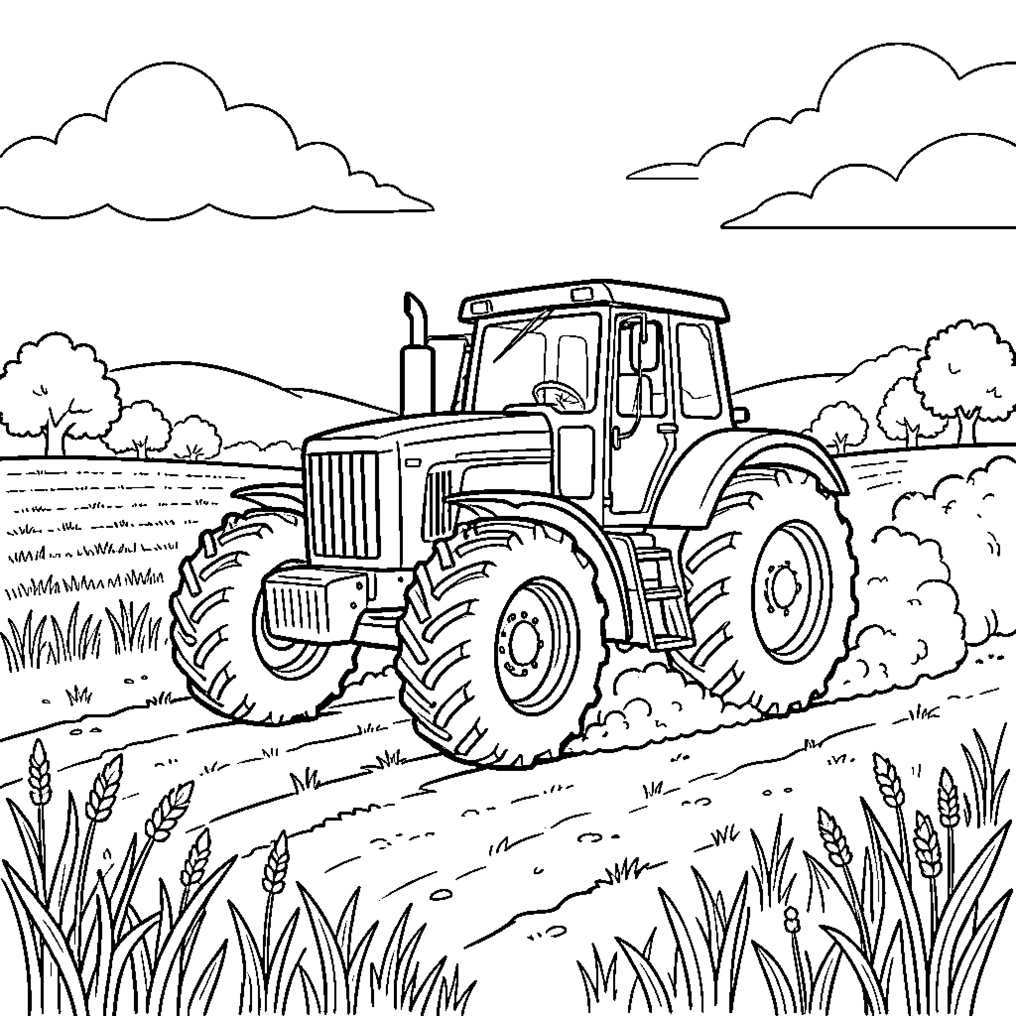 Tractor driving through a farm field Coloring Page (free black-and-white line drawing printable PDF for all, from beginners to advanced learners, including children, teens, adults, and seniors)