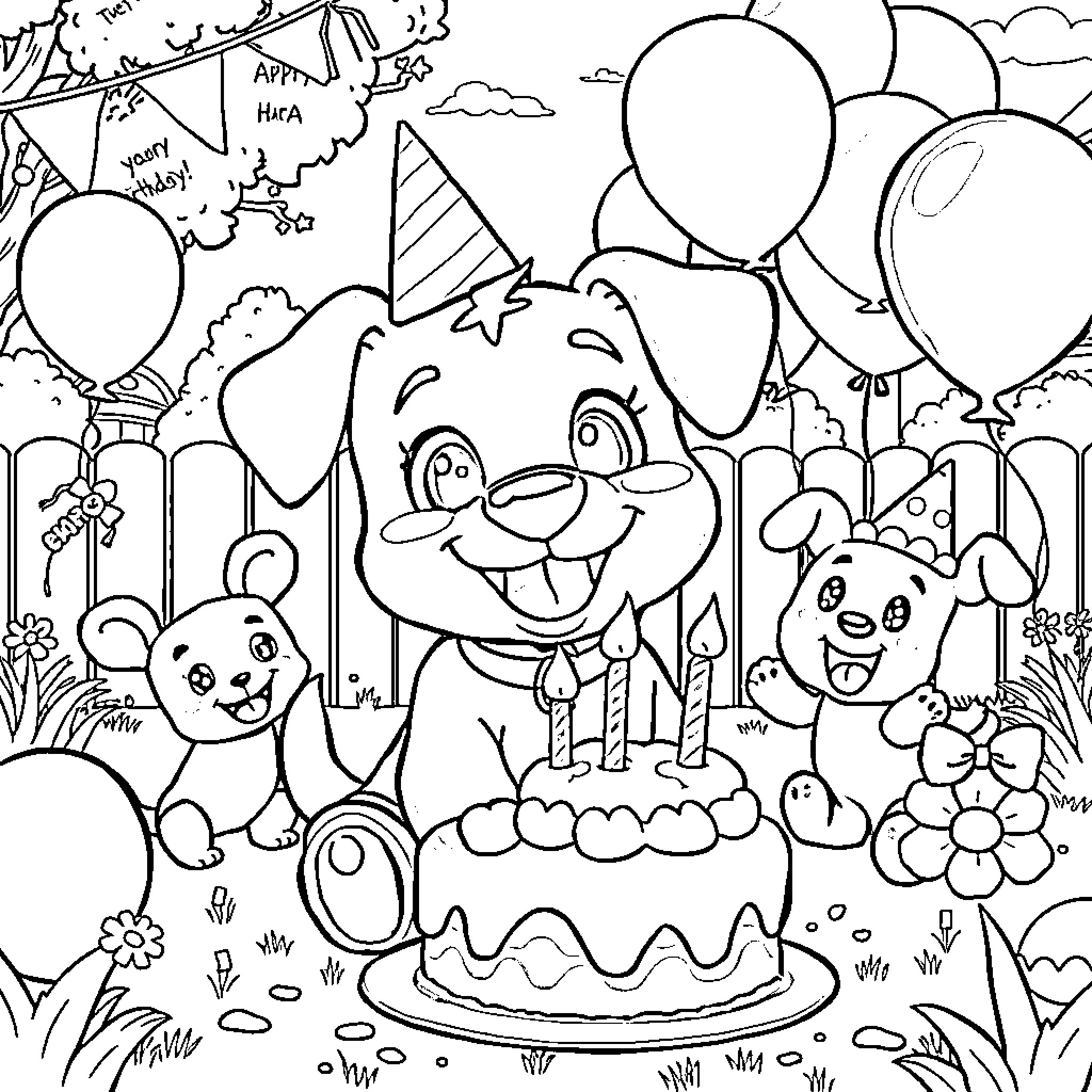 Bluey's Joyful Birthday Celebration Coloring Page (free black-and-white line drawing printable PDF for all, from beginners to advanced learners, including children, teens, adults, and seniors)