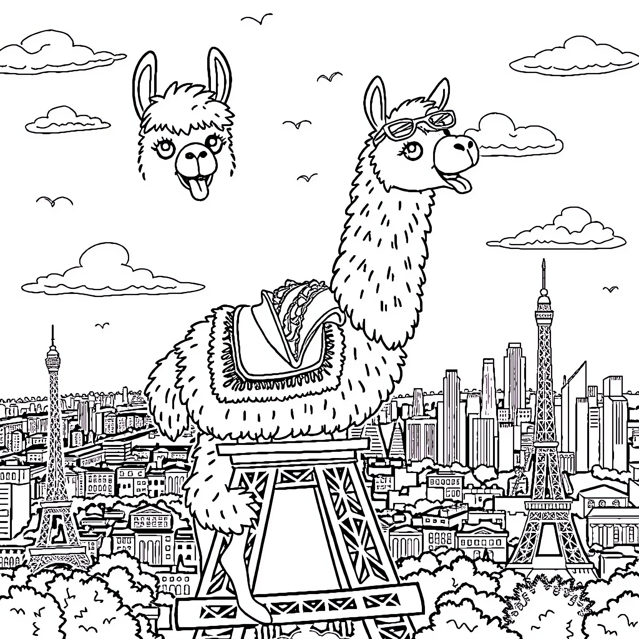Llama exploring the city skyline Coloring Page (free black-and-white line drawing printable PDF for all, from beginners to advanced learners, including children, teens, adults, and seniors)