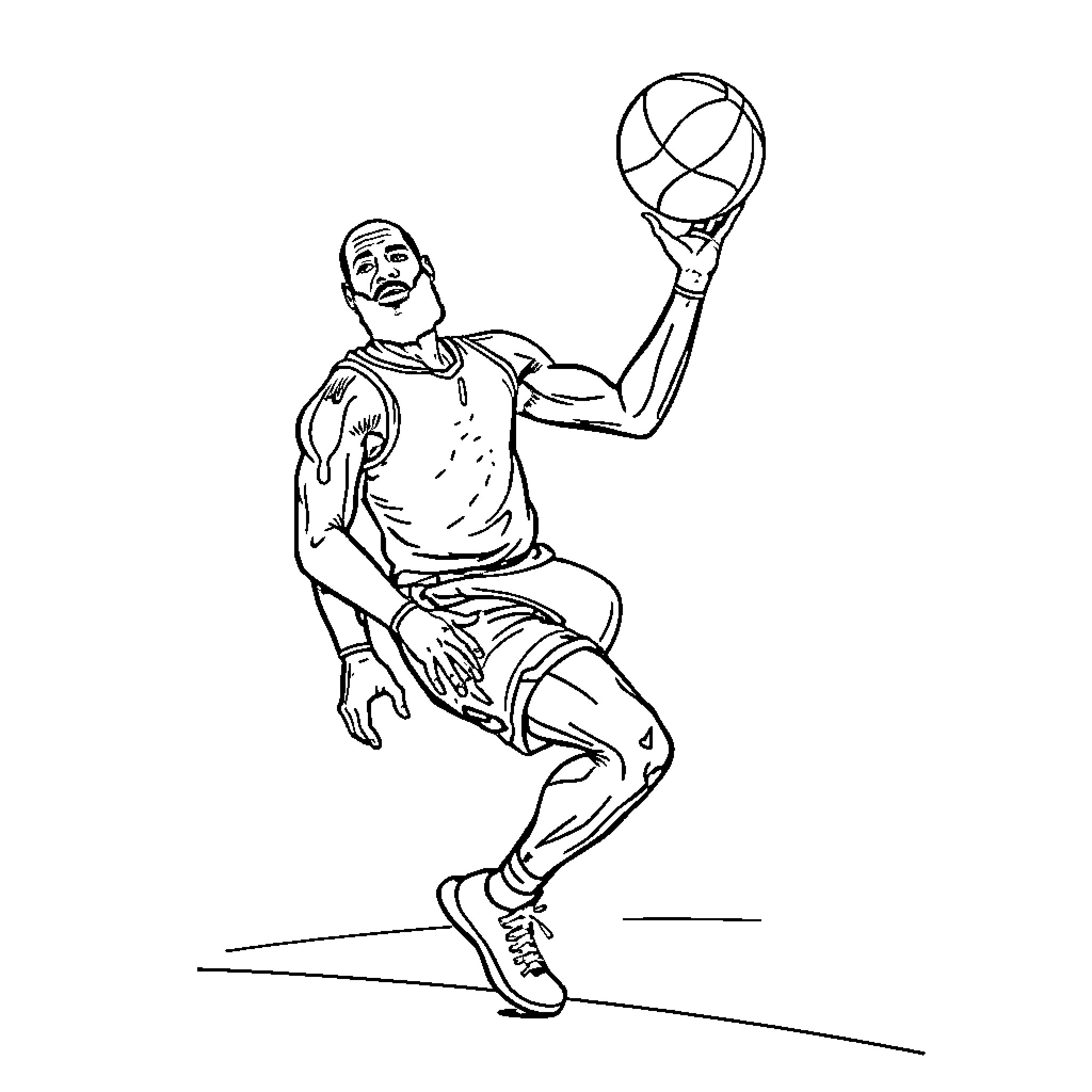 LeBron James dunking with ball on court Coloring Page (free black-and-white line drawing printable PDF for all, from beginners to advanced learners, including children, teens, adults, and seniors)