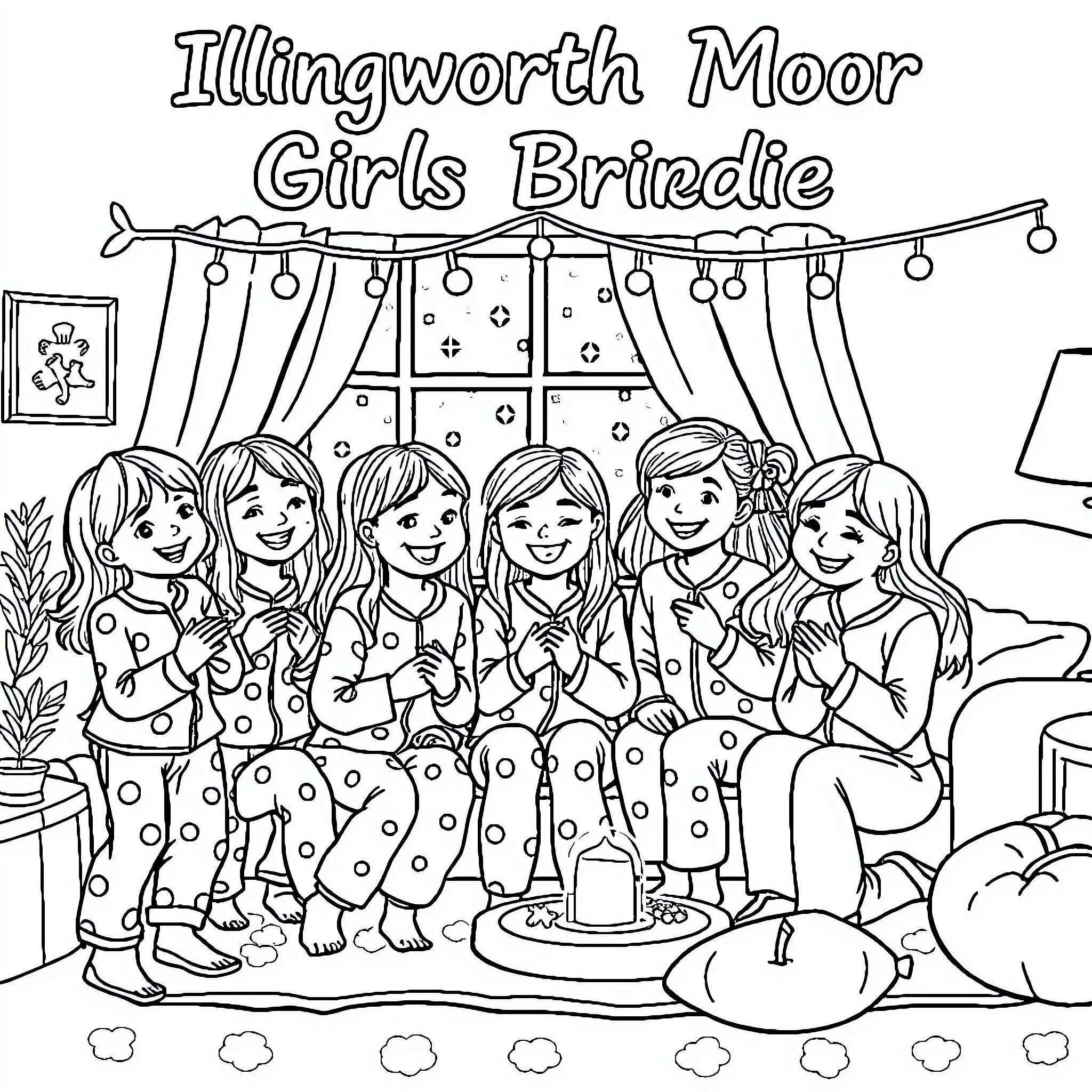 Girl friends having a fun gathering Coloring Page (free black-and-white line drawing printable PDF for all, from beginners to advanced learners, including children, teens, adults, and seniors)