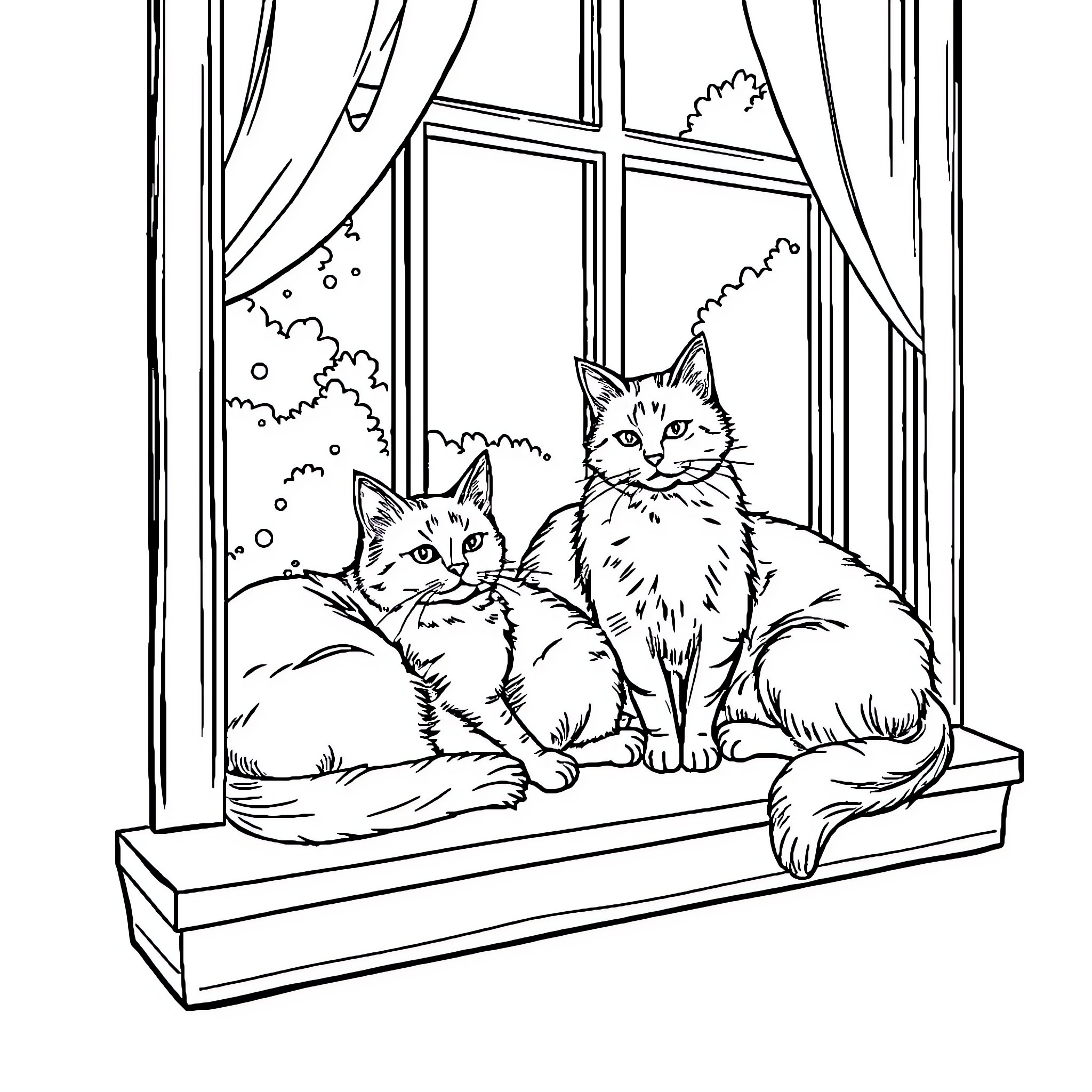 Cats lounging on windowsill looking outside Coloring Page (free black-and-white line drawing printable PDF for all, from beginners to advanced learners, including children, teens, adults, and seniors)