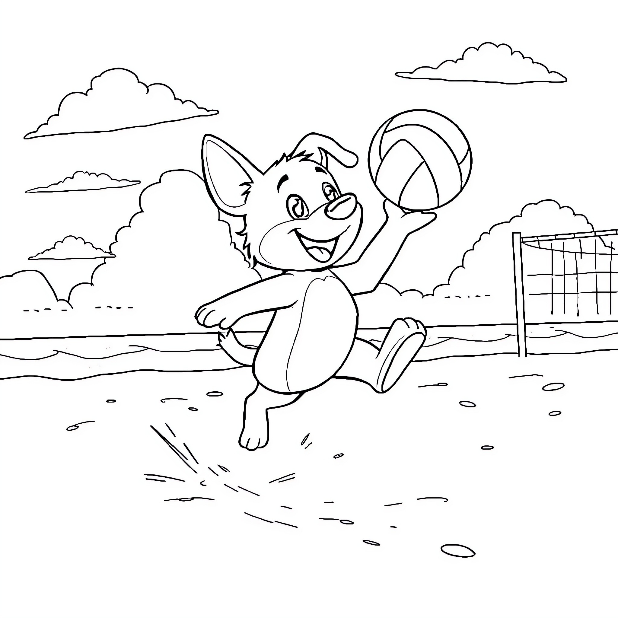 Bluey playing happily with a beach ball outdoors Coloring Page (free black-and-white line drawing printable PDF for all, from beginners to advanced learners, including children, teens, adults, and seniors)