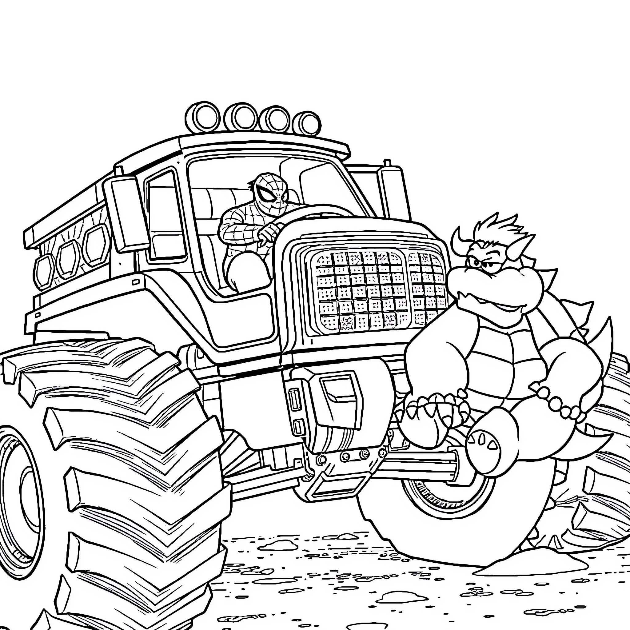 Spiderman driving a monster truck through the mud Coloring Page (free black-and-white line drawing printable PDF for all, from beginners to advanced learners, including children, teens, adults, and seniors)