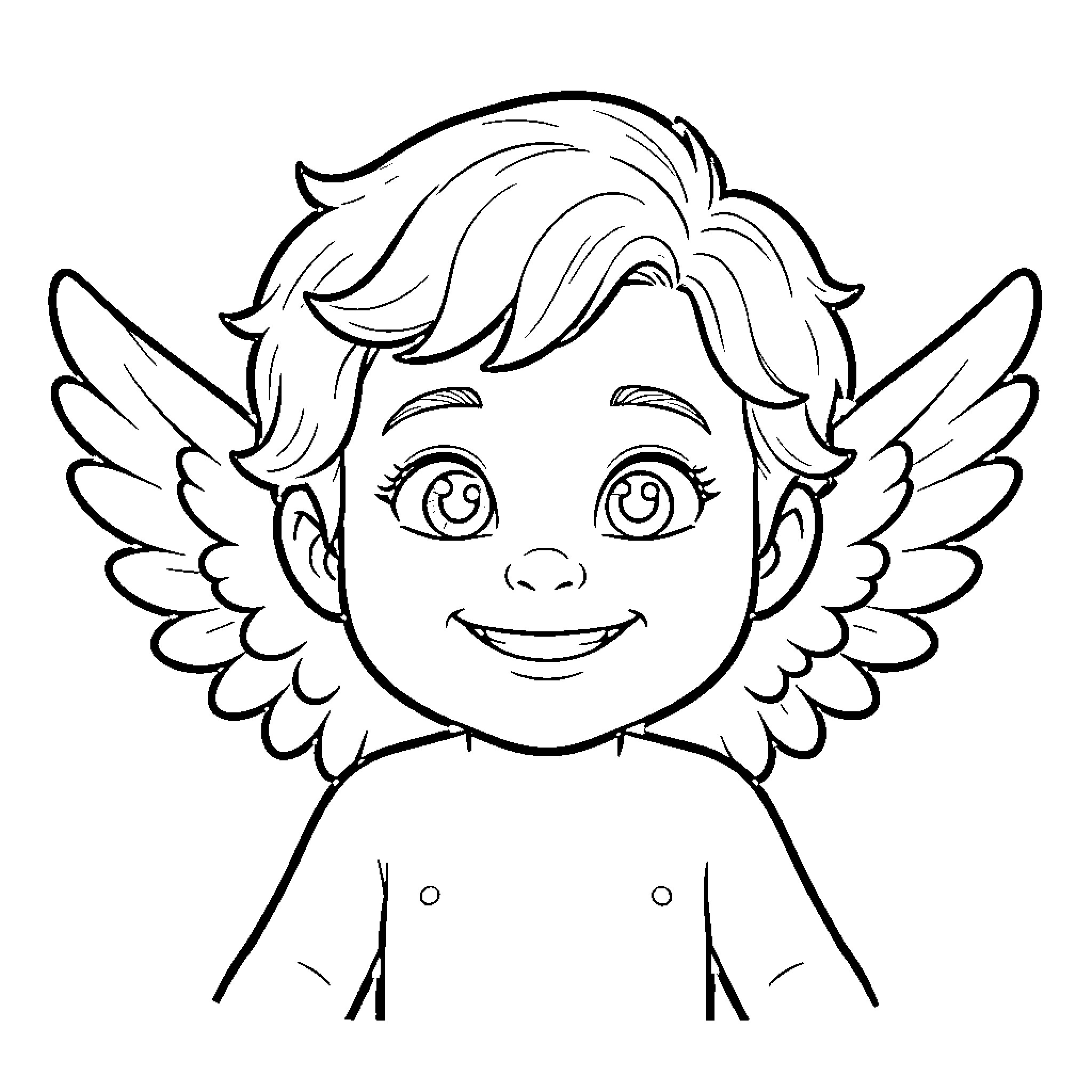 Cupid's Playful Countenance Coloring Page (free black-and-white line drawing printable PDF for all, from beginners to advanced learners, including children, teens, adults, and seniors)