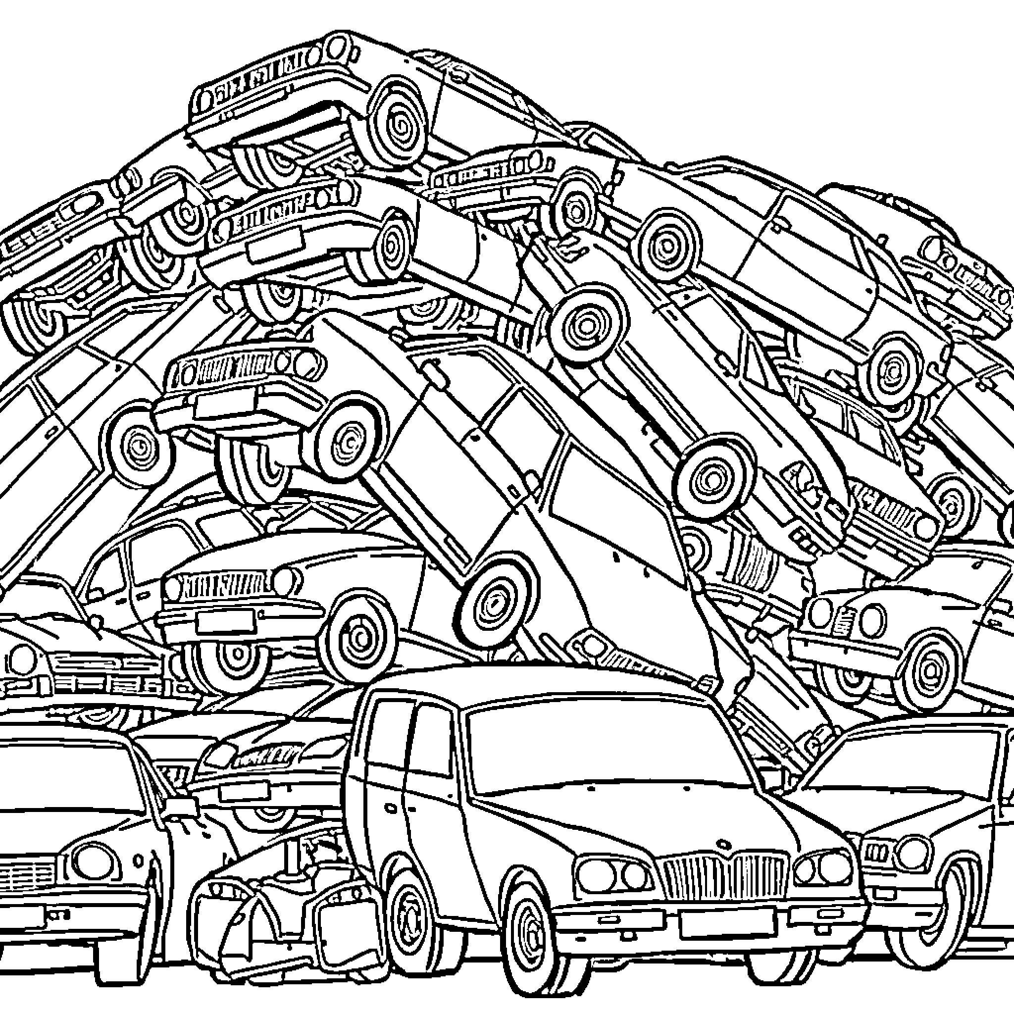 Car Chaos with Stacked Vehicles Coloring Page (free black-and-white line drawing printable PDF for all, from beginners to advanced learners, including children, teens, adults, and seniors)