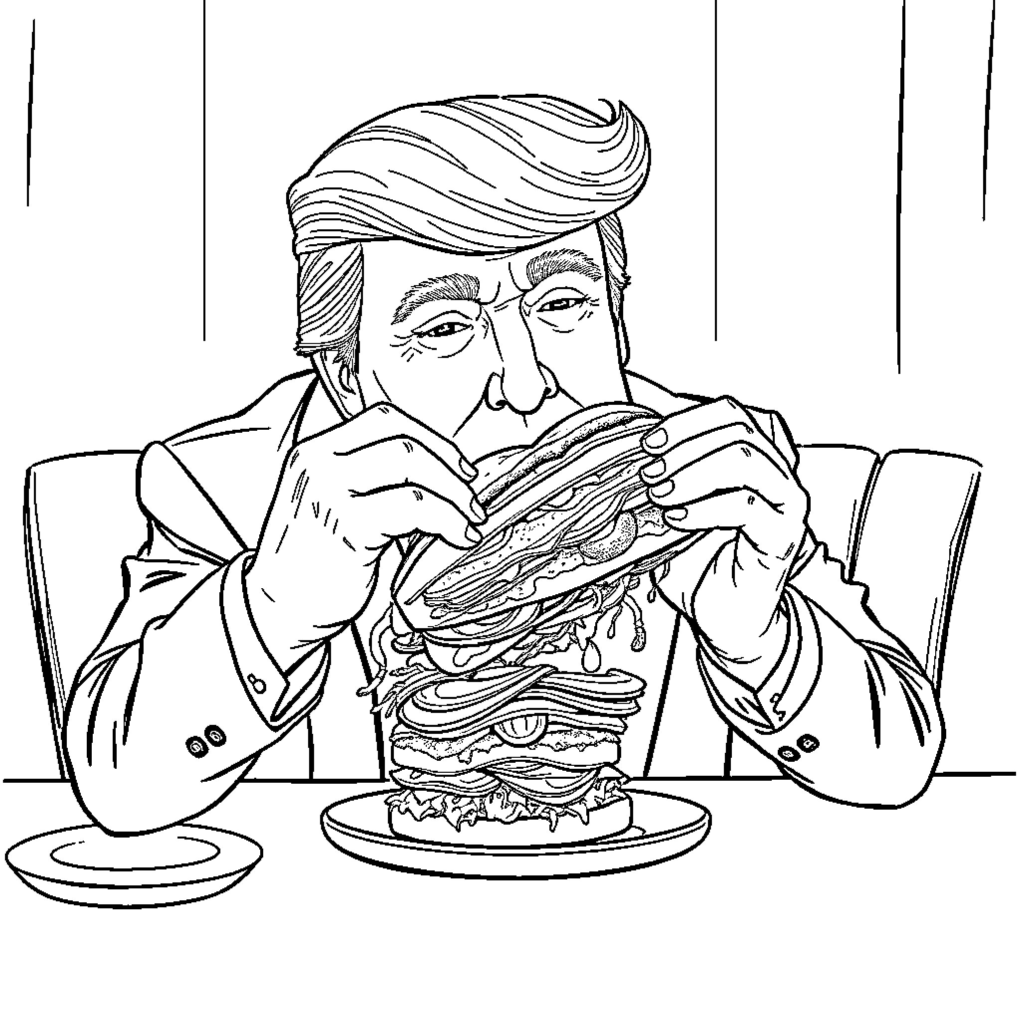 Donald Trump savoring a giant hamburger Coloring Page (free black-and-white line drawing printable PDF for all, from beginners to advanced learners, including children, teens, adults, and seniors)