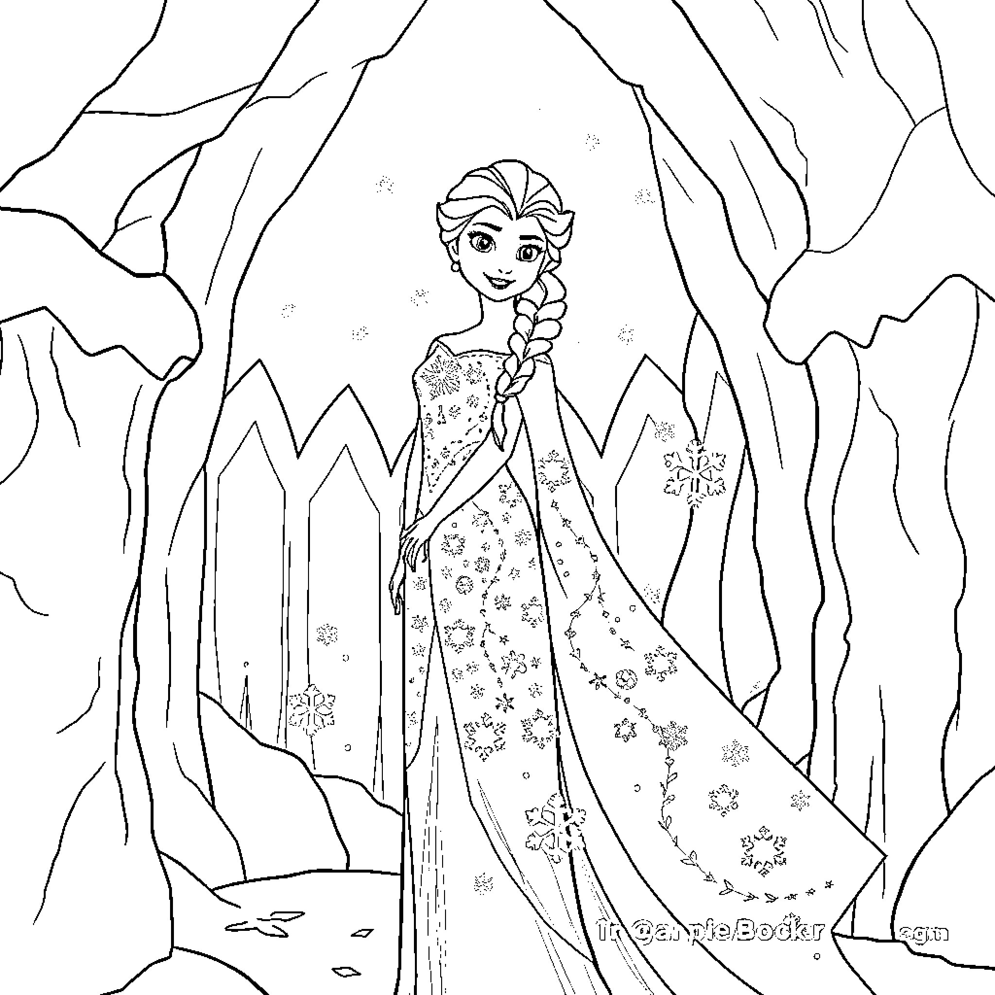 Elsa exploring the enchanted winter wonderland Coloring Page (free black-and-white line drawing printable PDF for all, from beginners to advanced learners, including children, teens, adults, and seniors)