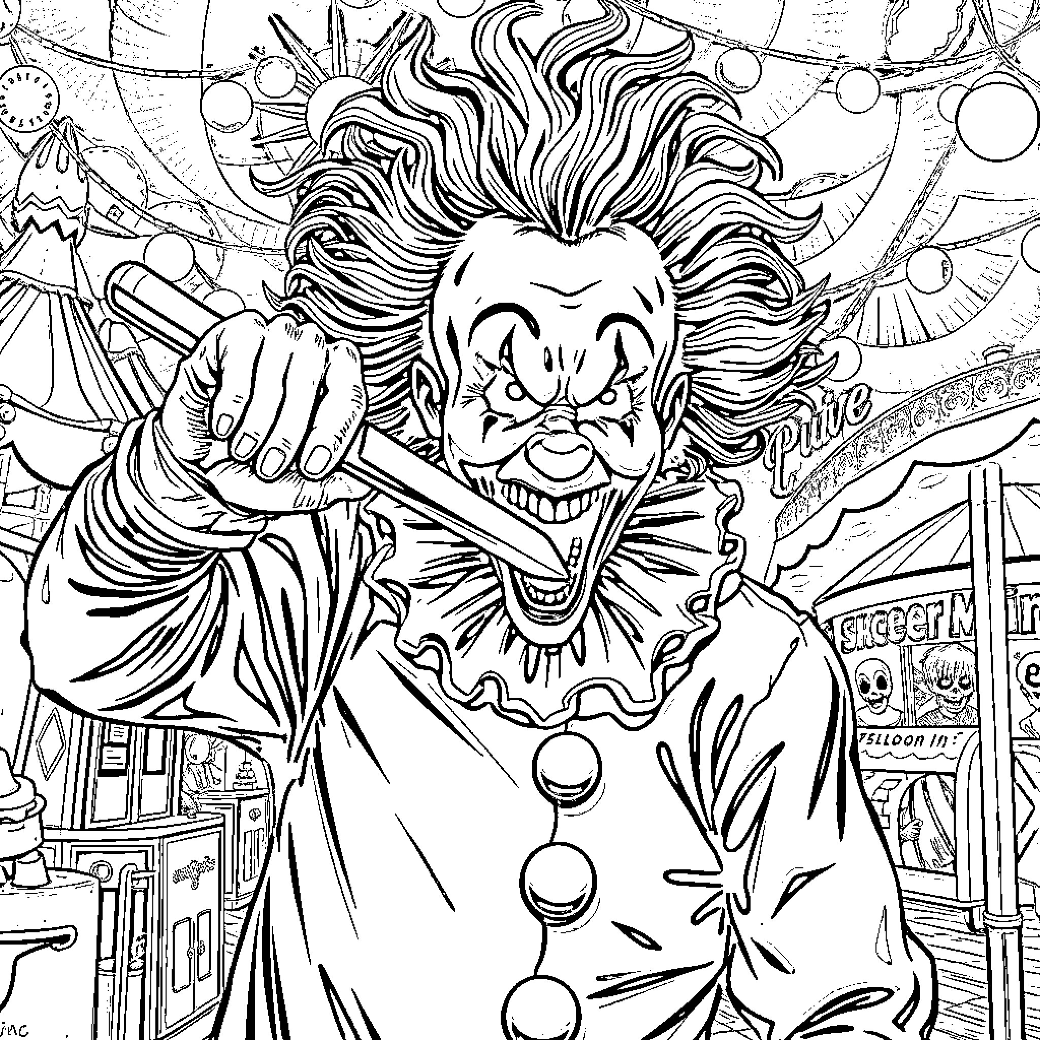 Clown with an Exaggerated Appearance and Expression Coloring Page (free black-and-white line drawing printable PDF for all, from beginners to advanced learners, including children, teens, adults, and seniors)