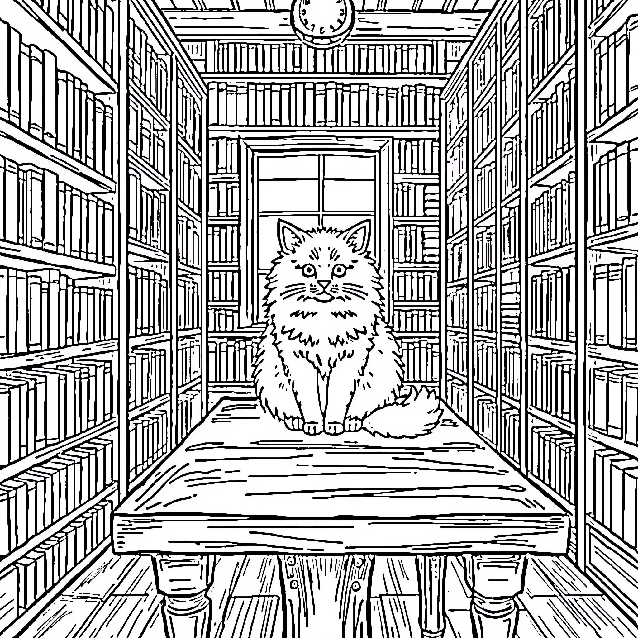 Cat exploring cozy library shelves Coloring Page (free black-and-white line drawing printable PDF for all, from beginners to advanced learners, including children, teens, adults, and seniors)