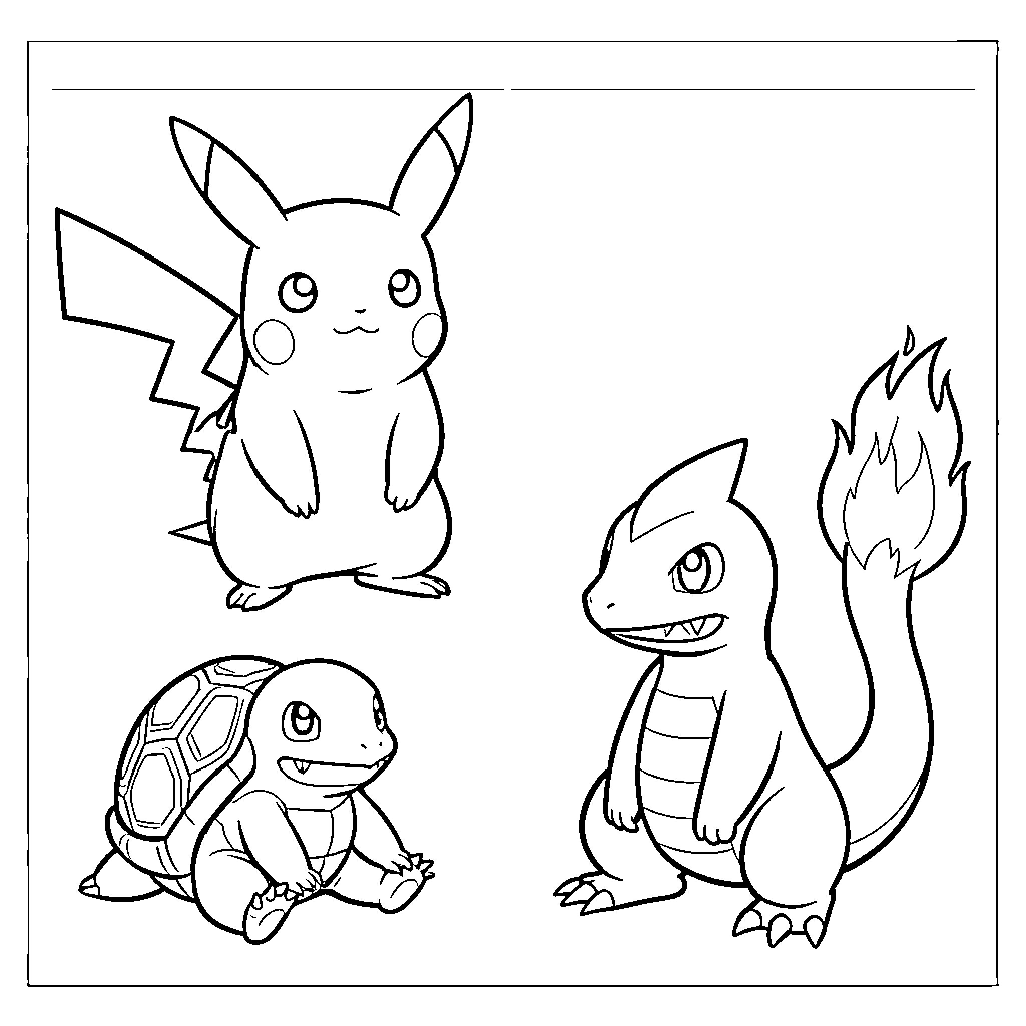 Pikachu standing with Charmander and Squirtle together Coloring Page (free black-and-white line drawing printable PDF for all, from beginners to advanced learners, including children, teens, adults, and seniors)