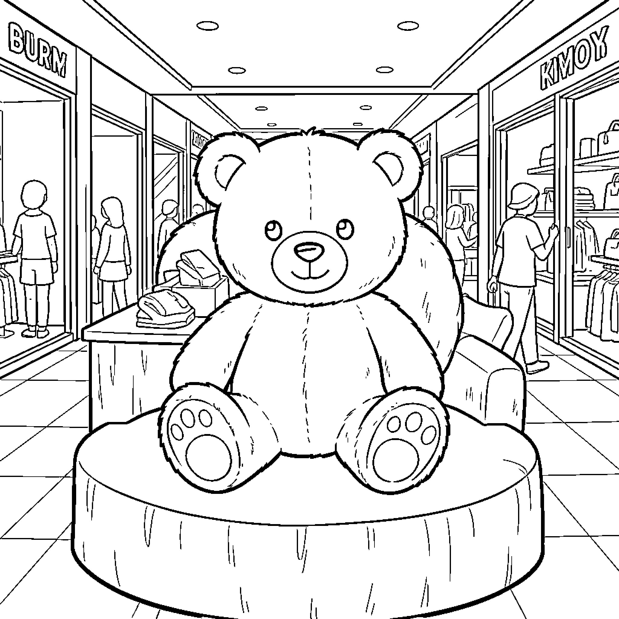 Teddy Bear sitting prominently in a shopping mall Coloring Page (free black-and-white line drawing printable PDF for all, from beginners to advanced learners, including children, teens, adults, and seniors)