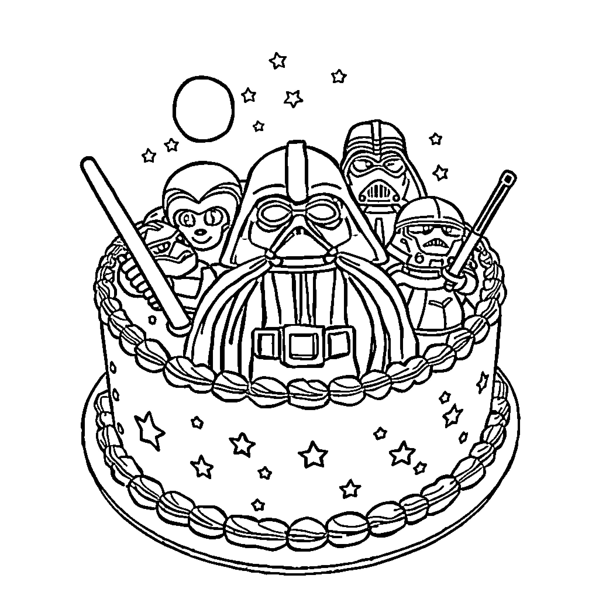 Star Wars Characters Decorating Cake with Lightsabers Coloring Page (free black-and-white line drawing printable PDF for all, from beginners to advanced learners, including children, teens, adults, and seniors)