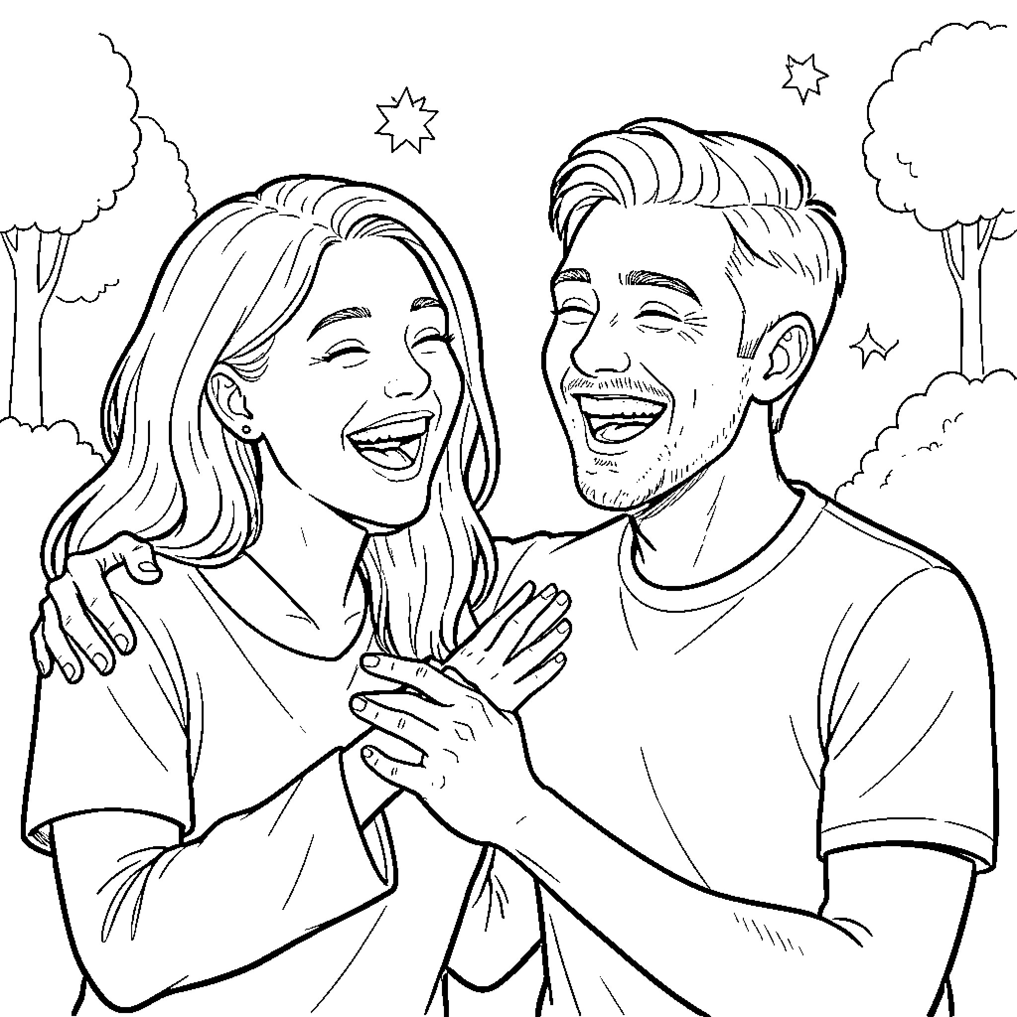 Happiness shared by a laughing couple in nature Coloring Page (free black-and-white line drawing printable PDF for all, from beginners to advanced learners, including children, teens, adults, and seniors)