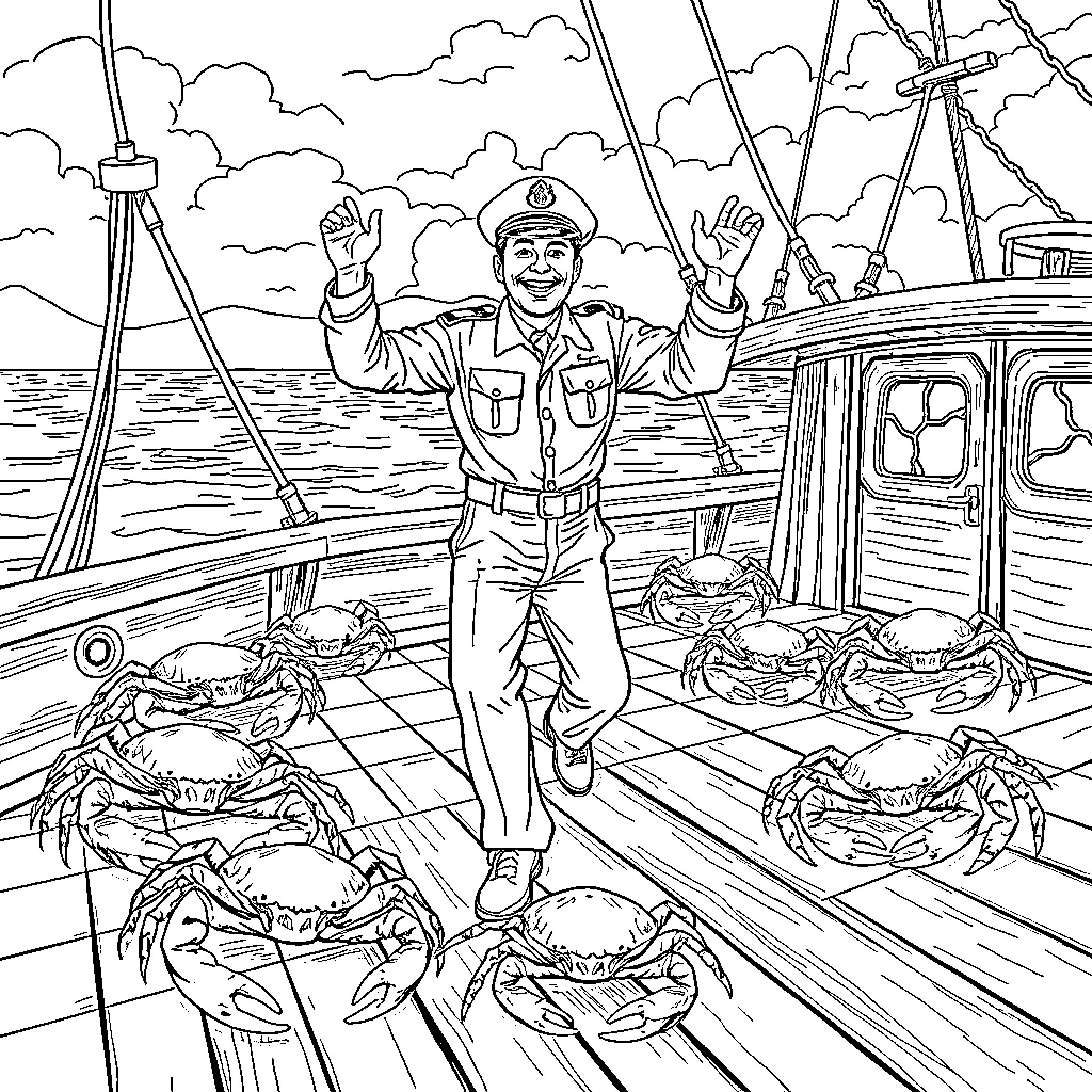 Officer directing fishing vessel crew on deck Coloring Page (free black-and-white line drawing printable PDF for all, from beginners to advanced learners, including children, teens, adults, and seniors)