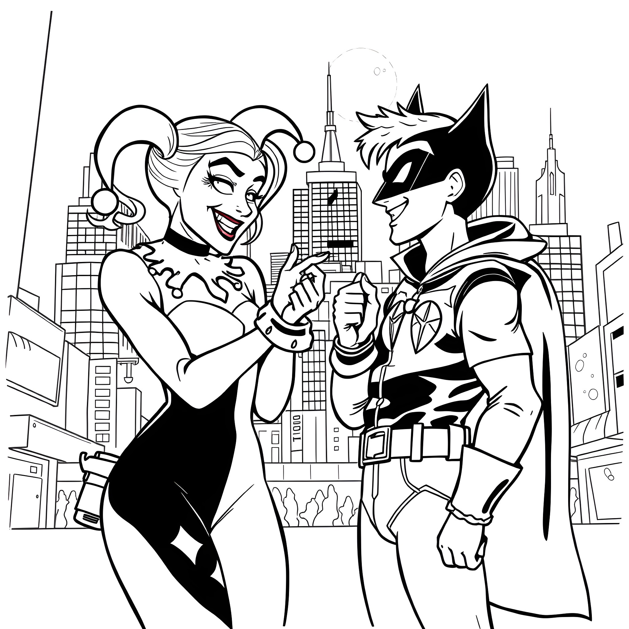 Harley Quinn and Nightwing in the city Coloring Page (free black-and-white line drawing printable PDF for all, from beginners to advanced learners, including children, teens, adults, and seniors)