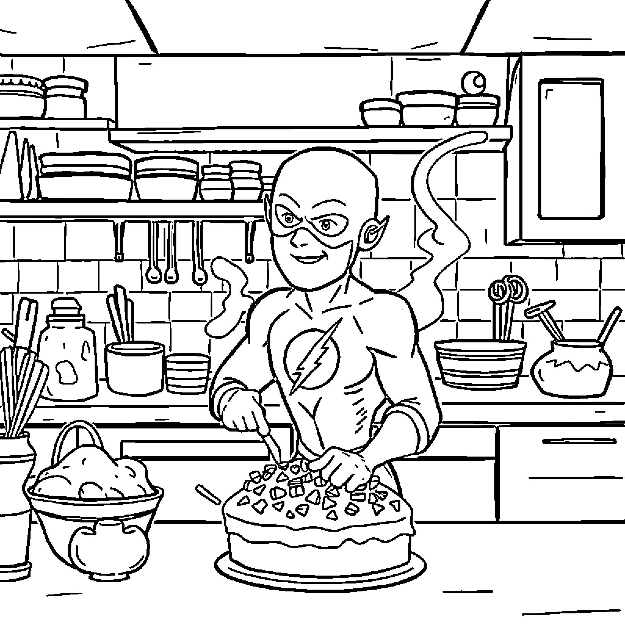 Flash Preparing a Treat in the Kitchen Coloring Page (free black-and-white line drawing printable PDF for all, from beginners to advanced learners, including children, teens, adults, and seniors)