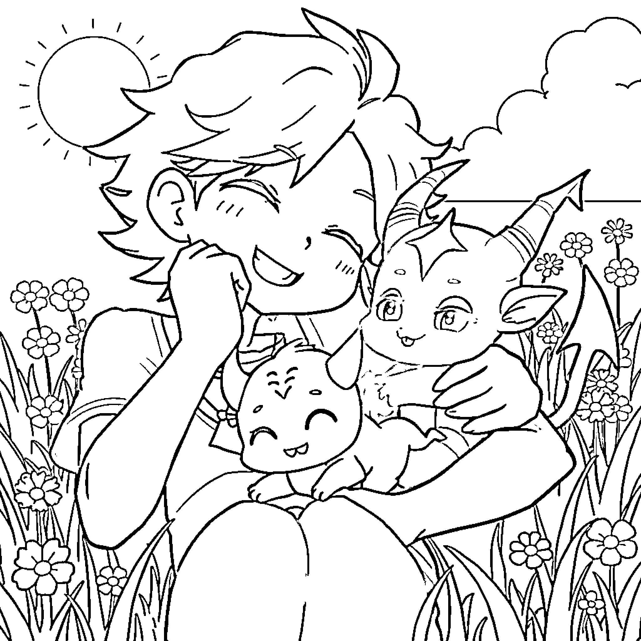 Asta's Fantastical Adventure in the Enchanted Garden Coloring Page (free black-and-white line drawing printable PDF for all, from beginners to advanced learners, including children, teens, adults, and seniors)