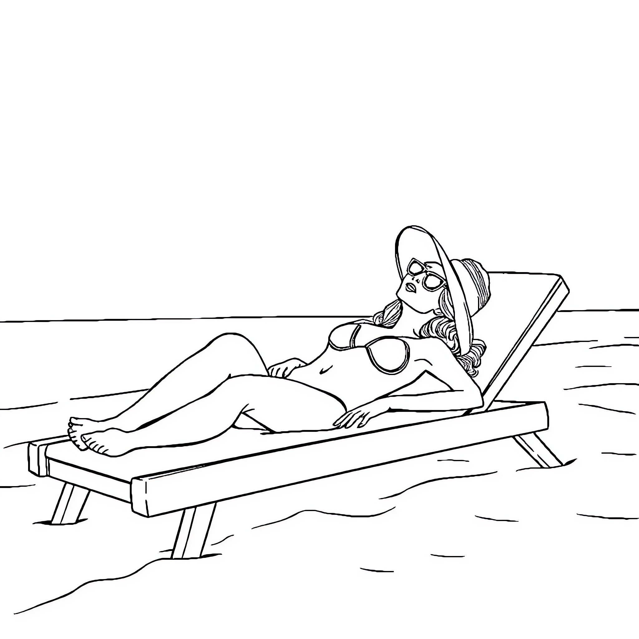 Sydney Sweeney lounging on the beach Coloring Page (free black-and-white line drawing printable PDF for all, from beginners to advanced learners, including children, teens, adults, and seniors)