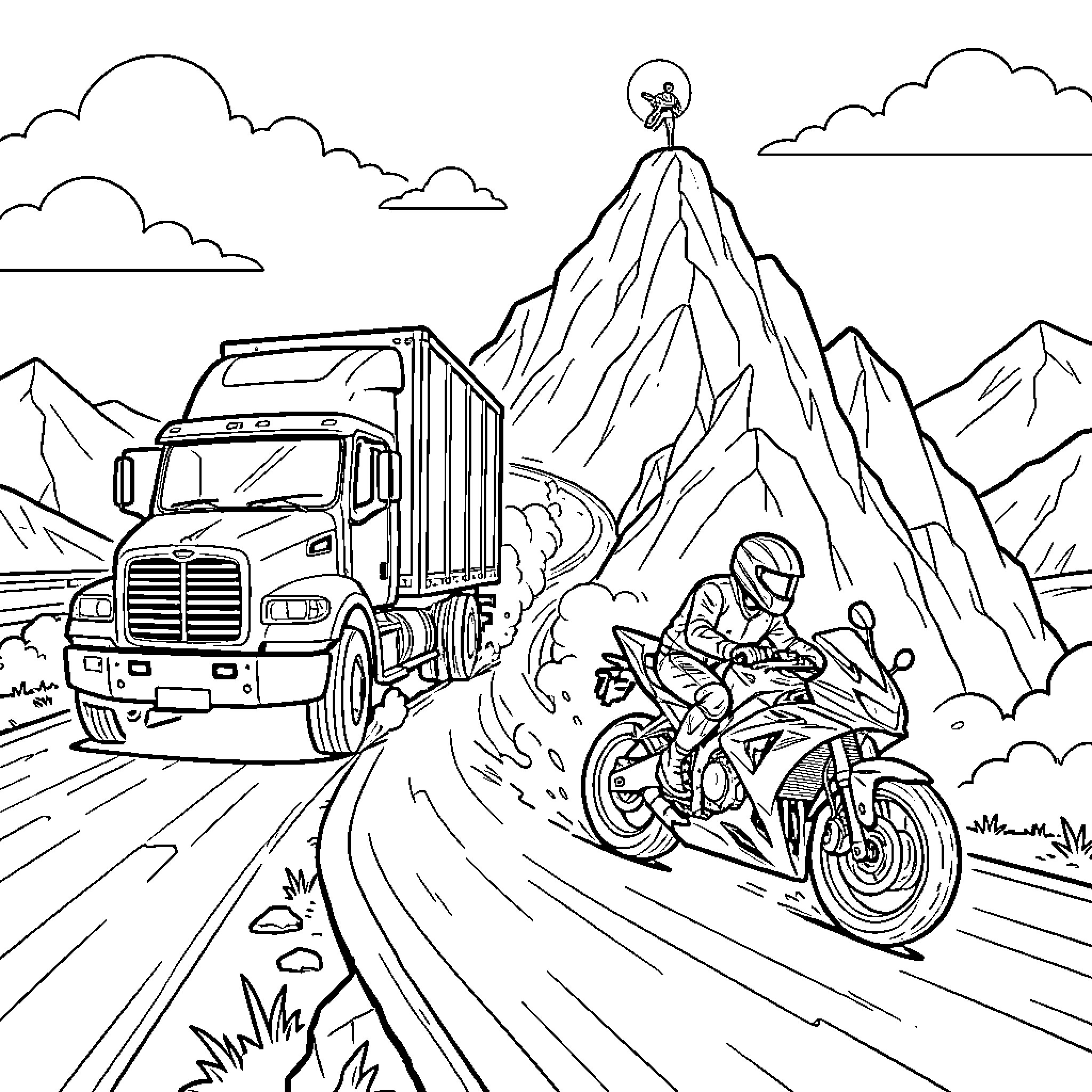 Camion driving on a winding mountain road Coloring Page (free black-and-white line drawing printable PDF for all, from beginners to advanced learners, including children, teens, adults, and seniors)