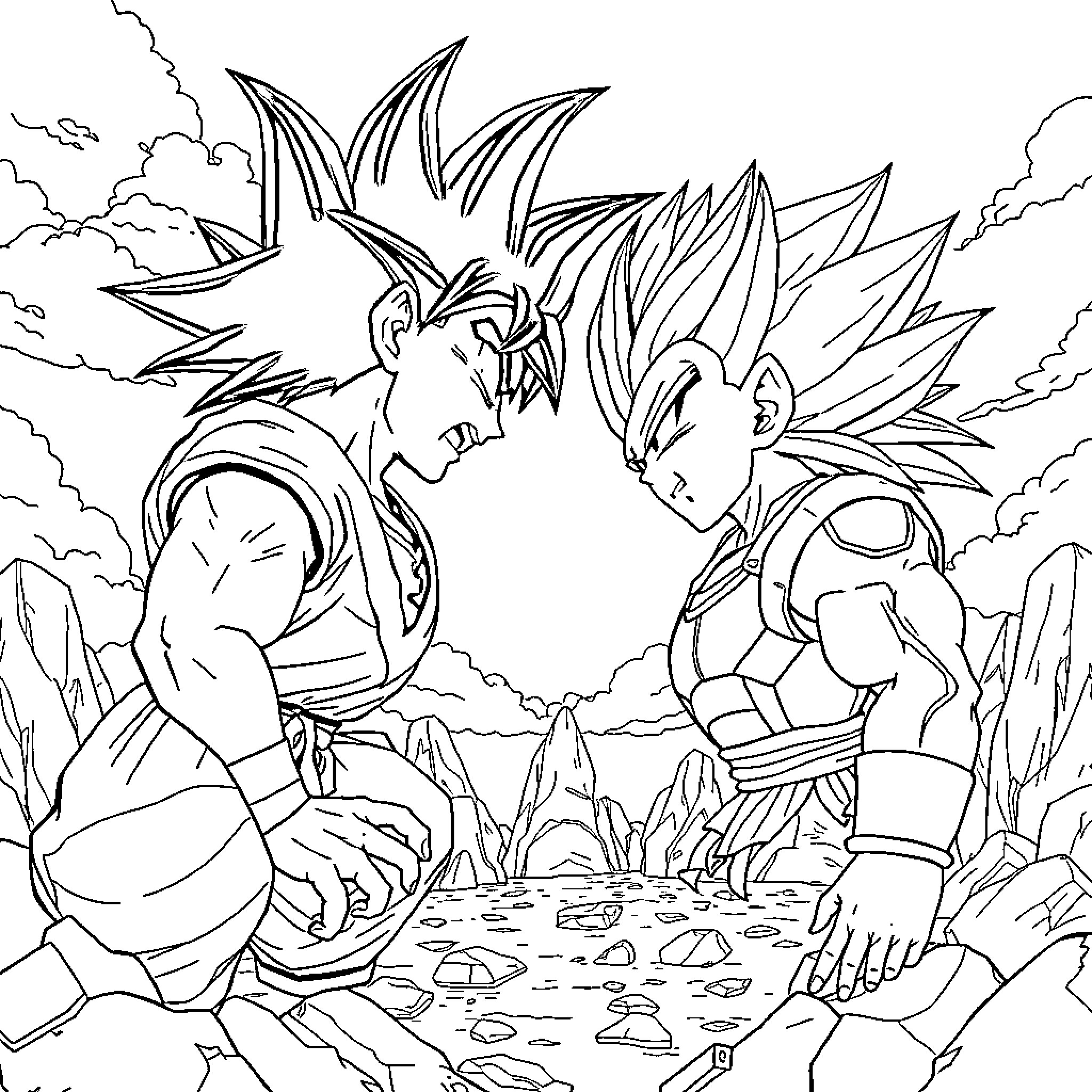 Goku and Vegeta in intense battle Coloring Page (free black-and-white line drawing printable PDF for all, from beginners to advanced learners, including children, teens, adults, and seniors)