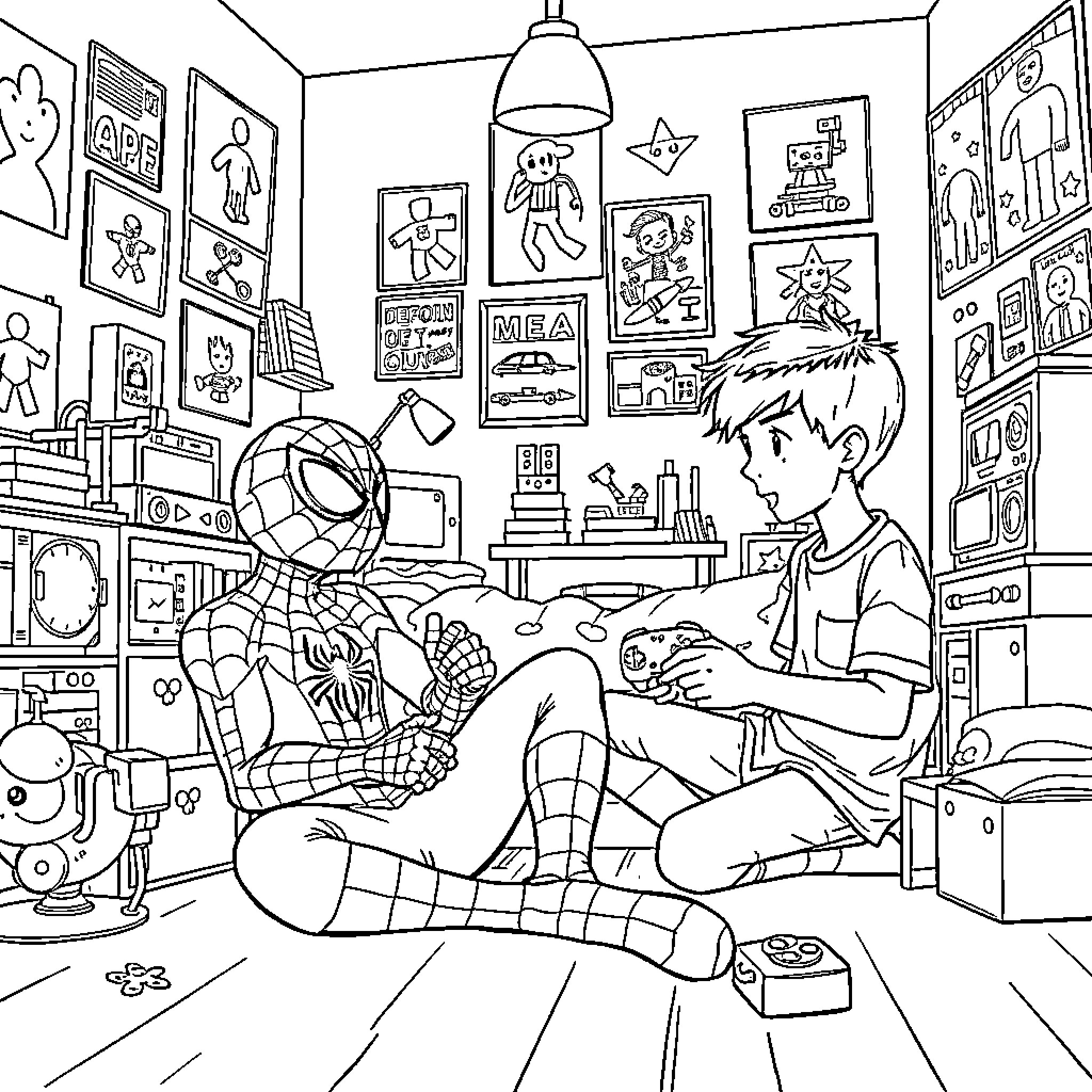 Spiderman meets a young fan in a playful bedroom setting Coloring Page (free black-and-white line drawing printable PDF for all, from beginners to advanced learners, including children, teens, adults, and seniors)