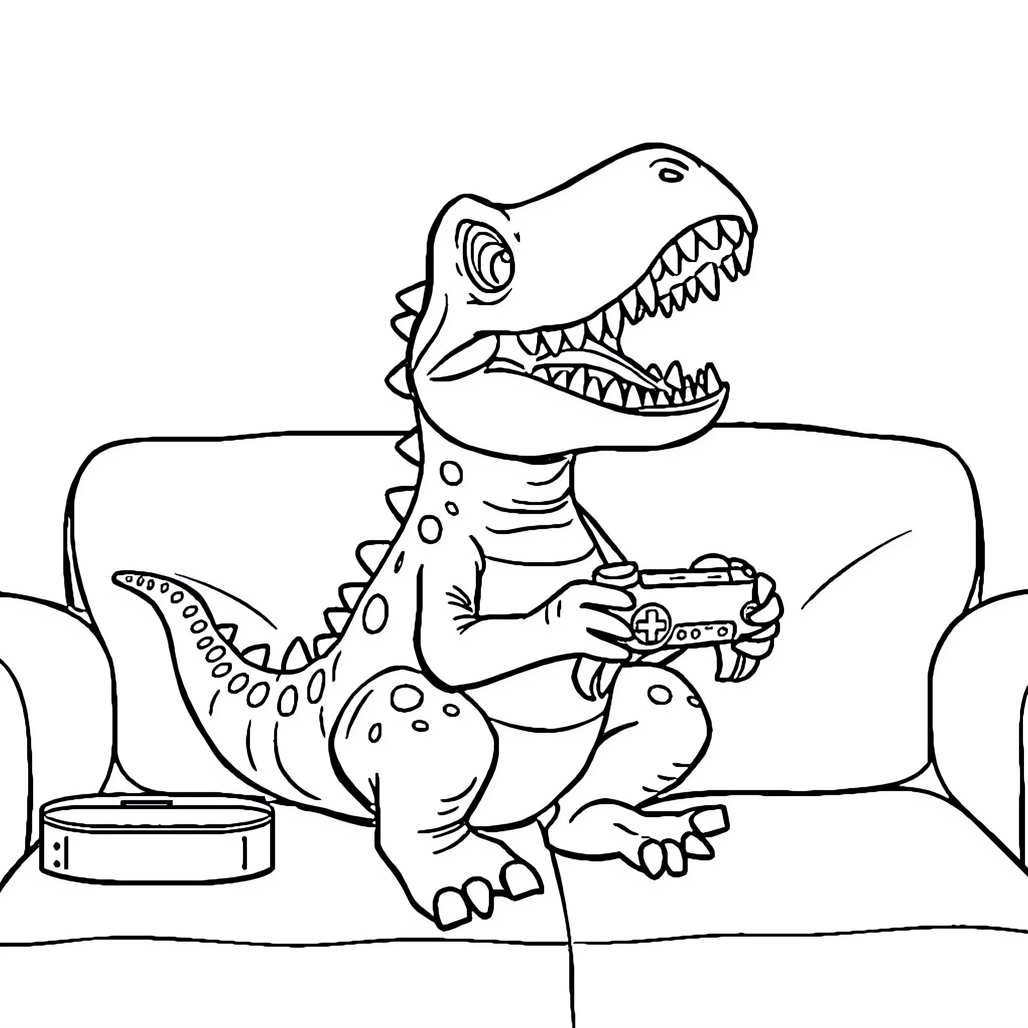 Dinosaur playing video game on couch Coloring Page (free black-and-white line drawing printable PDF for all, from beginners to advanced learners, including children, teens, adults, and seniors)
