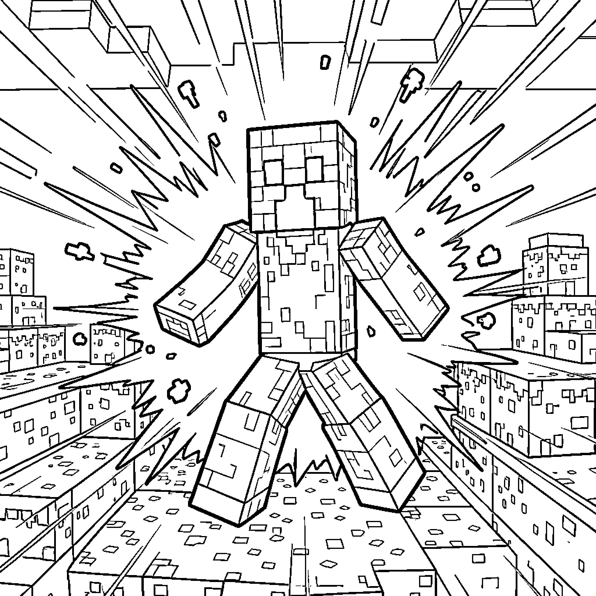 Creeper exploding amidst flying blocks and debris Coloring Page (free black-and-white line drawing printable PDF for all, from beginners to advanced learners, including children, teens, adults, and seniors)