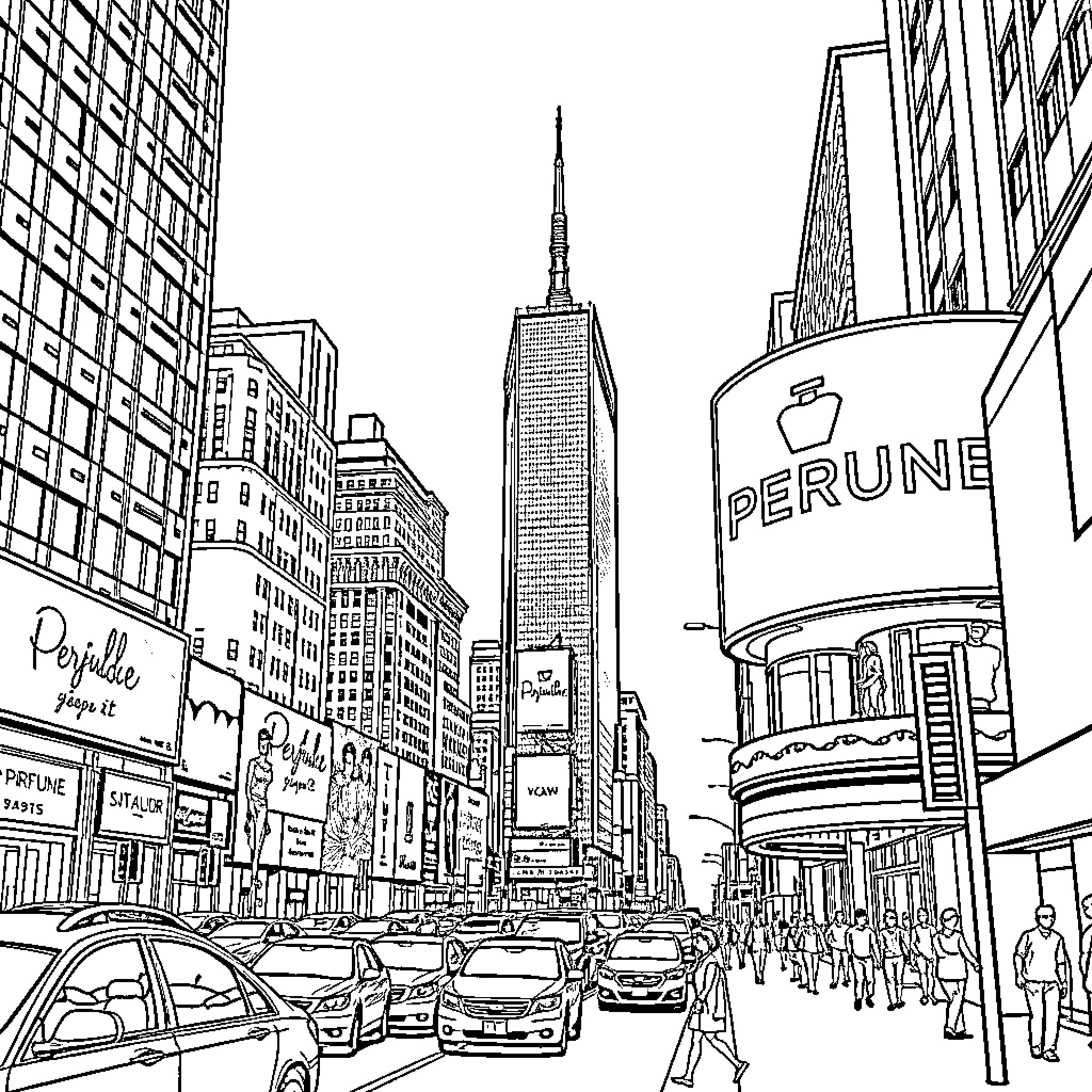 City scene with skyscrapers and pedestrians Coloring Page (free black-and-white line drawing printable PDF for all, from beginners to advanced learners, including children, teens, adults, and seniors)