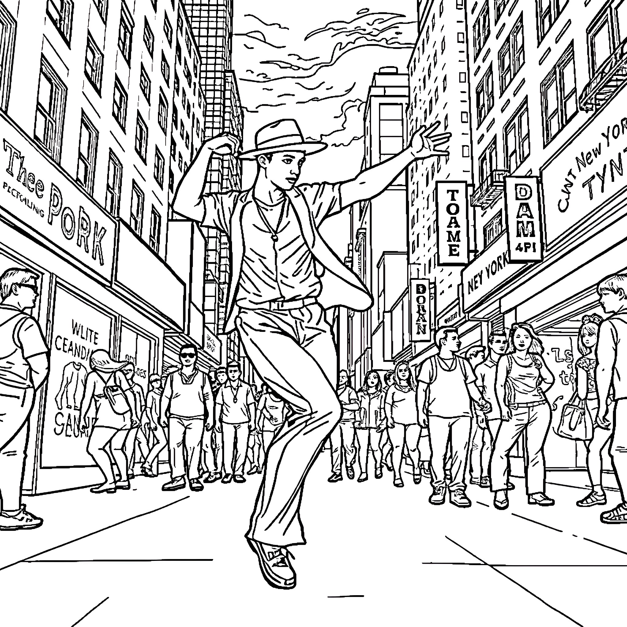 Dancer performing on a busy city street Coloring Page (free black-and-white line drawing printable PDF for all, from beginners to advanced learners, including children, teens, adults, and seniors)